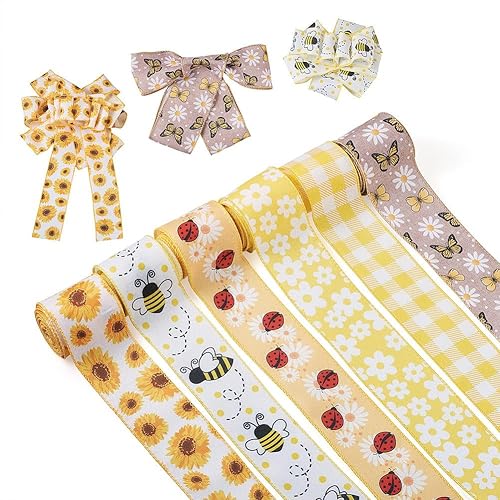 Miniatura 8 de KISSITTY 6 rollos de cintas de abeja para manualidades, con borde con cable, mariposa, girasol, mariquita, abeja, cinta decorativa para lazos para