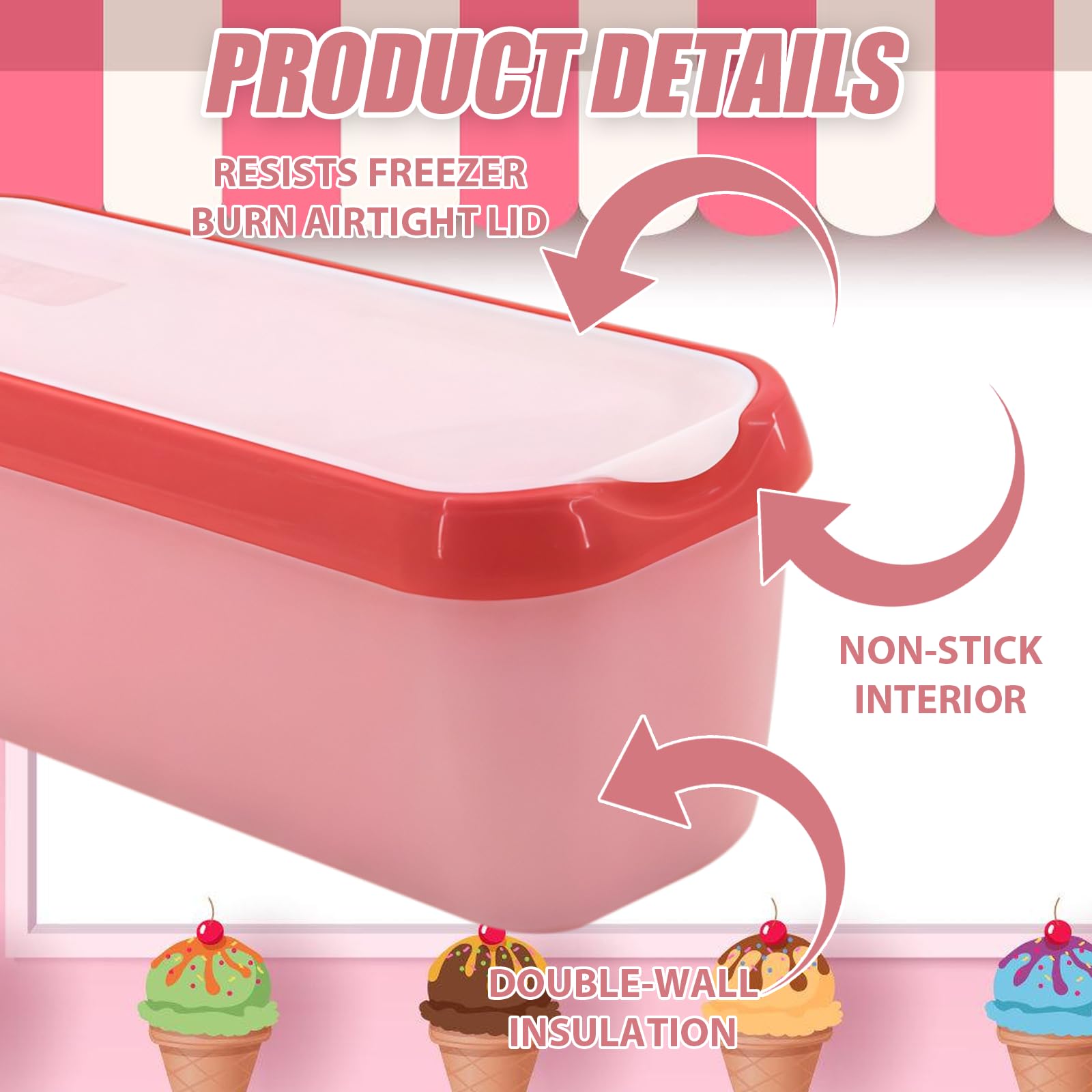 2 Stück Eisbehälter für Speiseeis 1.5L, Aufbewahrungsbehälter für Speiseeis, PP-Material Gefrierdosen 28 * 10 * 9.5cm, Wiederverwendbare Eis-Container mit Deckel (Pink)