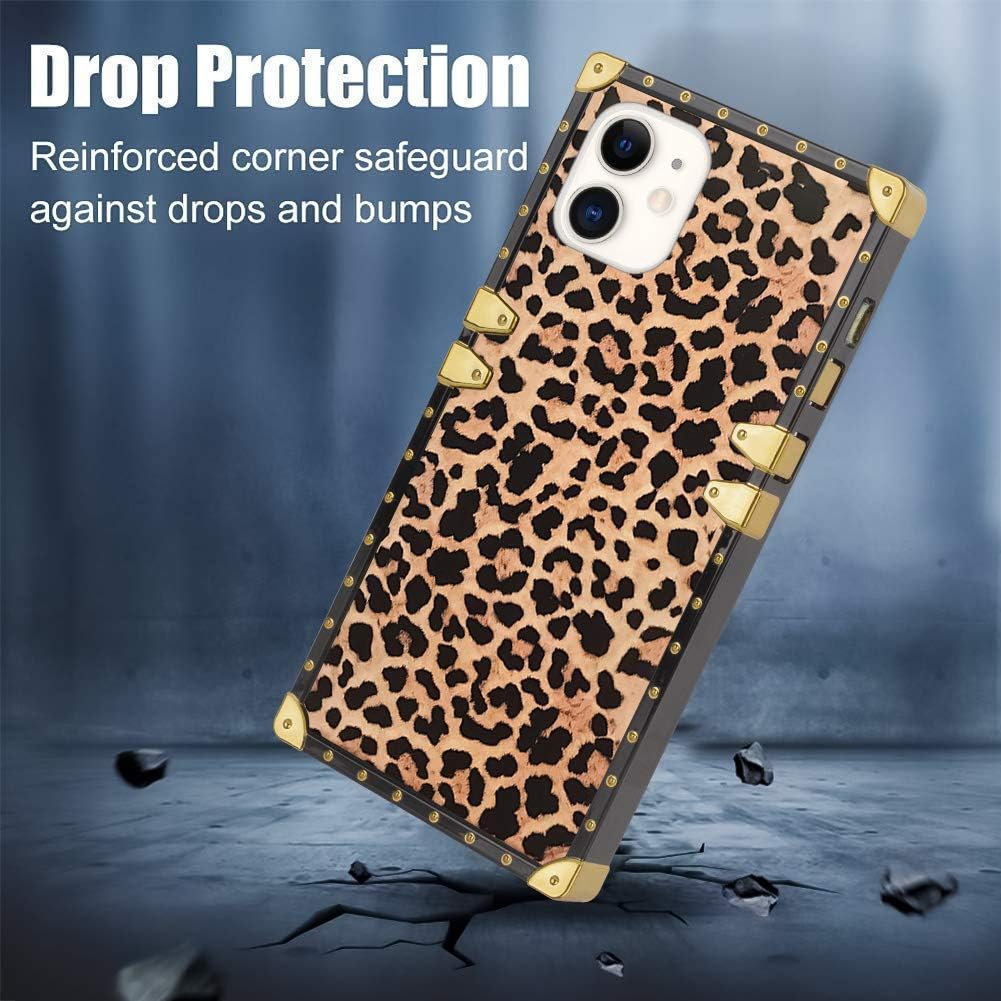 Square Case Compatible iPhone 11 2019 6.1 Inch Leopard Luxury Elegant Soft TPU Shockproof Protective Metal Decoration Corner Back Cover Case iPhone 11 Case