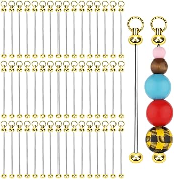 PEUTIER 50pcs Blank Beadable Keychain Bars, Metal Bead Keychain Bar Charms Detachable Key Chain Making Accessories for Craft Project Pendant Gold