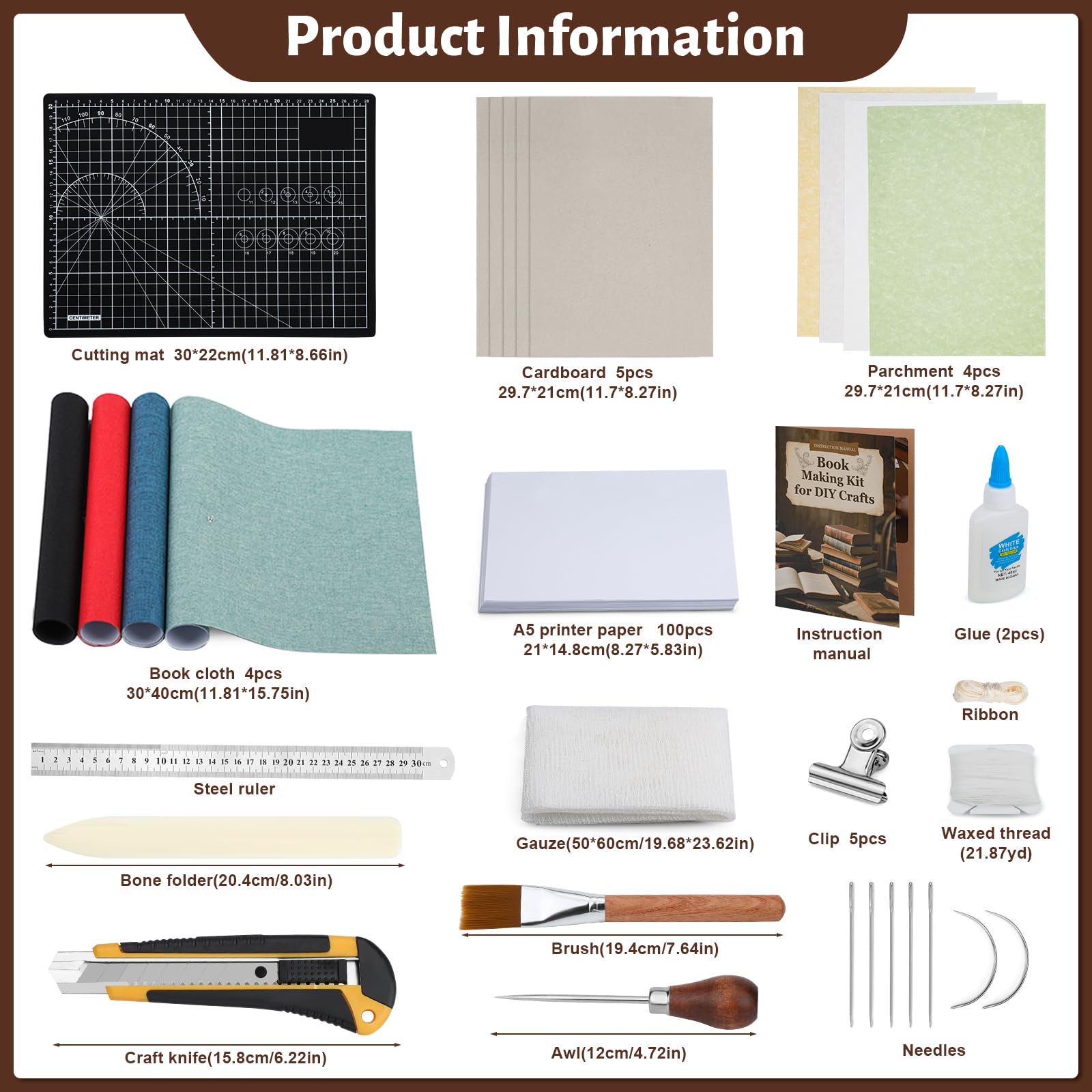 Jupean Kits de encuadernación de libros, materiales de encuadernación de libros con cartón A4, kit de fabricación de libros de tela de 4 colores, suministros de encuadernación con instrucciones y