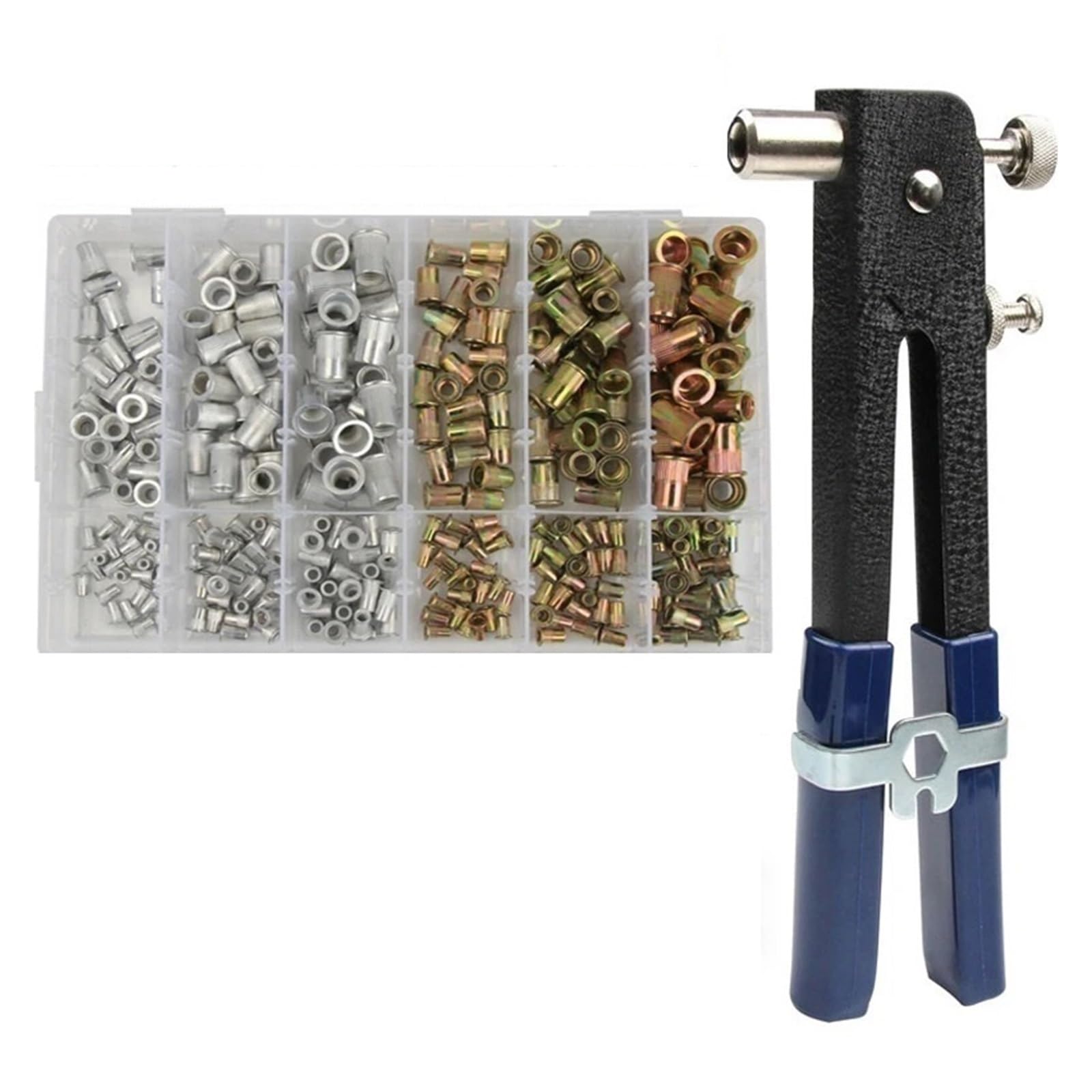300 Pezzi M3 M4 M5 M6 M8 M10 in Acciaio al Carbonio zincato, Dadi per Rivetti in Alluminio, Dadi per Rivetti zigrinati, Dadi per Rivetti filettati a Testa Piatta (300 Pezzi con utensile)