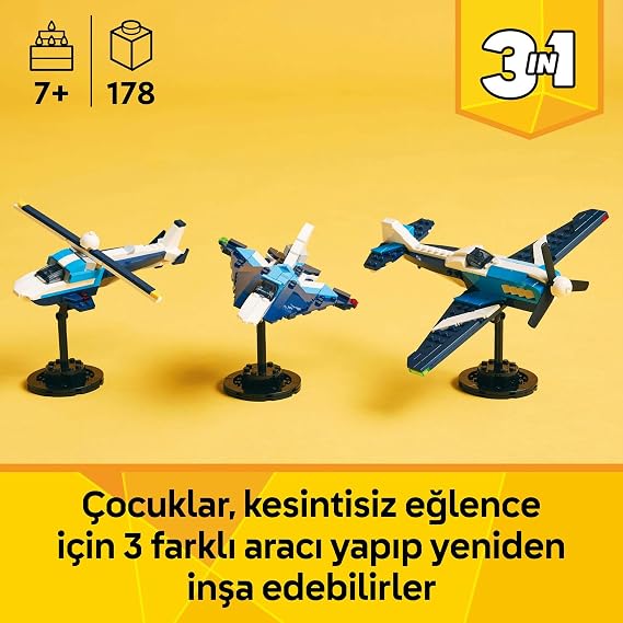 LEGO Creator 3’ in 1 Airplane: Racing Aircraft 31160-7 Years and Above Toy Making Set for Kids That Can Turn into a Jet or Helicopter, Birthday Gift (178 Pieces)