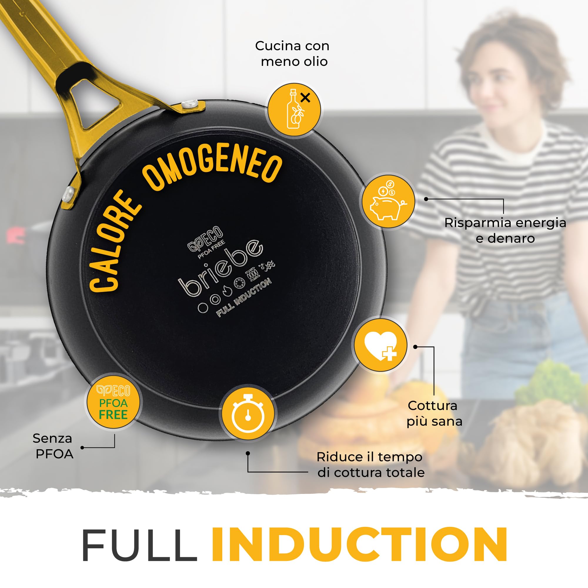 briebe Gold Titanium Set di 3 Padelle Antiaderenti a Induzione Titanio 20-24-28cm, Alluminio Forgiato, Rivestimento senza PFOA, Manico Professionale Acciaio Inox, Vetroceramica, Gas, 3 Protezioni