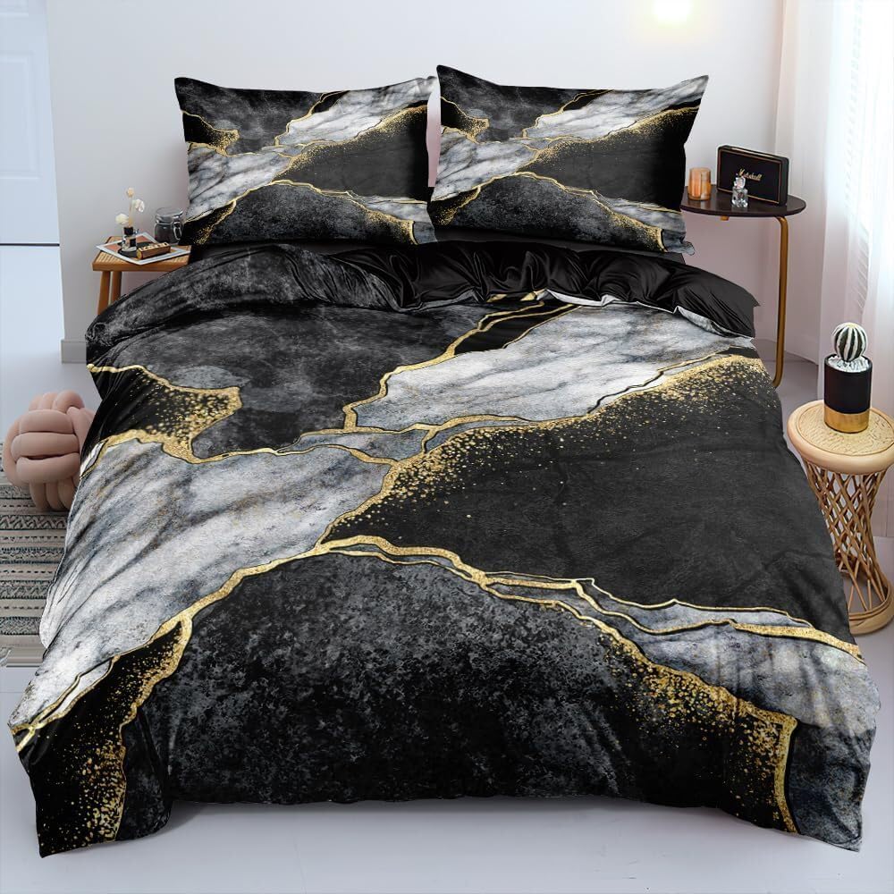 Luowei Bettwäsche 200x200cm 3D Grau Schwarz Gold Marmor Muster Modern Mikrofaser Bettbezug mit Reißverschluss und 2 Kissenbezüge 80x80cm
