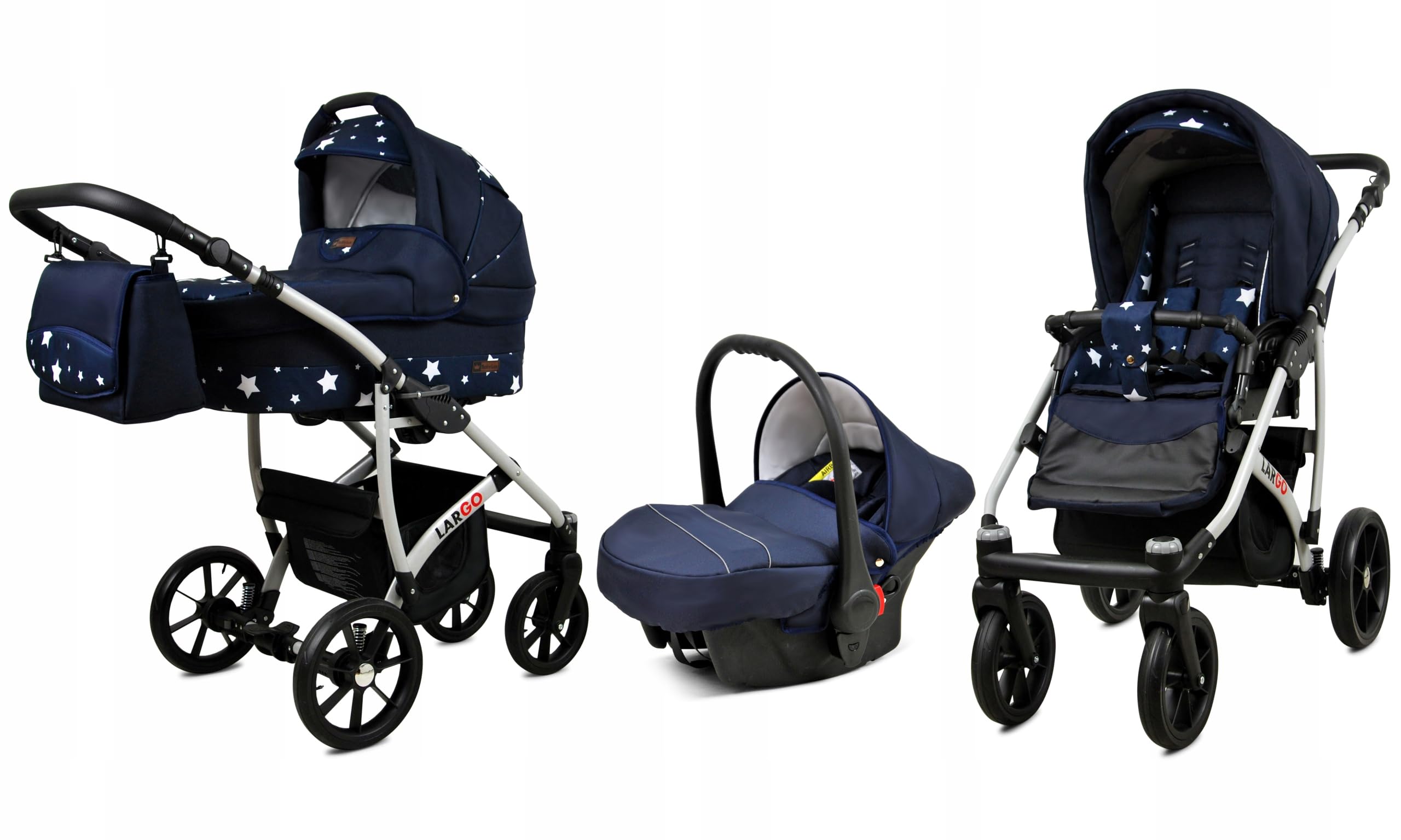 BabyLux Zestaw wózków dziecięcych 3 w 1 – Largo – w zestawie wanienka dla niemowląt, fotelik sportowy, fotelik samochodowy – zestaw wózków dziecięcych z torbą do przewijania, osłoną przeciwdeszczową