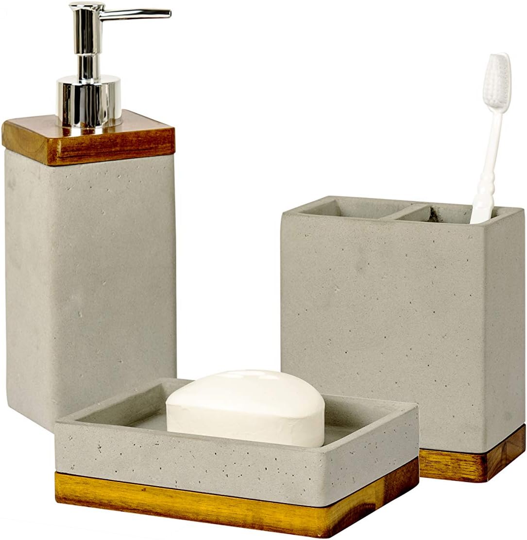 nu steel nusteel Concrete, Made of Cement Bath Accessory Set for Vanity Countertops, 3 Piece Luxury Ensemble Dish, Toothbrush Holder, soap and Lotion Pump, Grey Stone/Brown