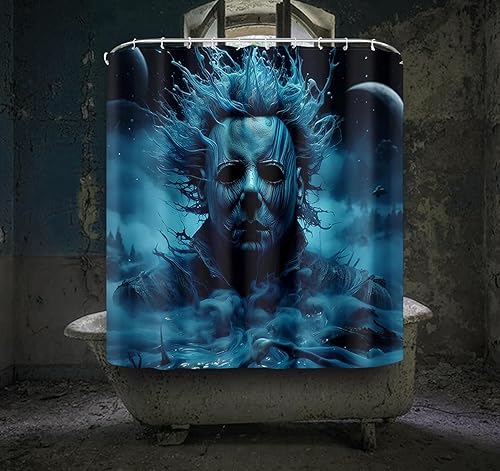 Miniatura 3 de Cortina de ducha de decoración de Halloween para Michael Myers  72 x 72 pulgadas con 10 ganchos, adhesivo de inodoro y 2 postales de Halloween