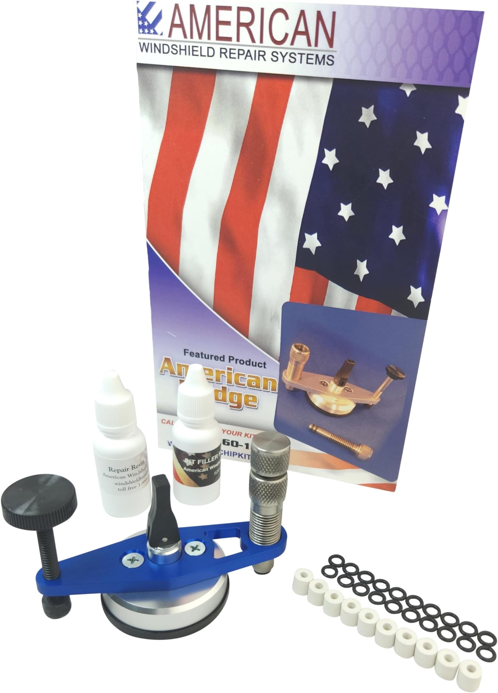 Windshield Repair Bridge by American - Professional Rock Chip System - 1 Repair Resin 1 Pit Filler 1 Seal Set - Stainless Steel Injector - Cracked Glass Repair Tool - Add to Any Windshield Repair Kit