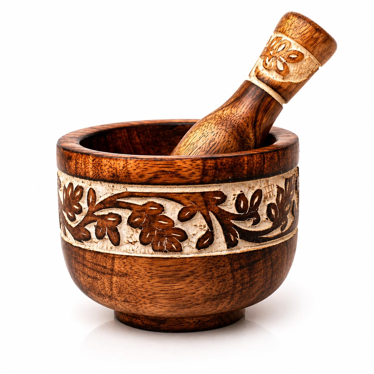 Handmade Wooden Mortar & Pestle Set, Herb Spice Garlic Masala Grinder Bowl