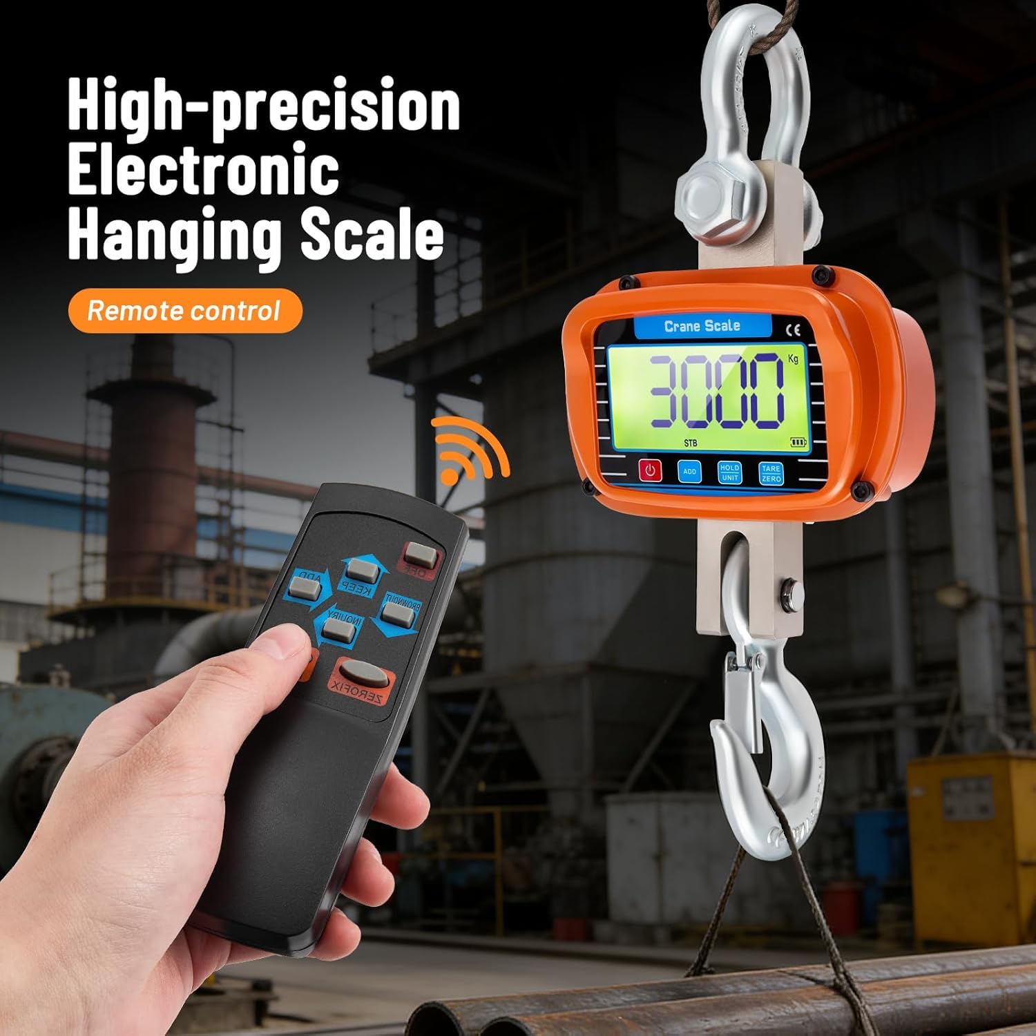 Báscula de grúa de 3000kg, Báscula de Grúa Electrónica 3T,Colgante Industrial con sensor preciso, pantalla LCD grande y control remoto, Visualización de temperatura y humedad para granjas(Orange)
