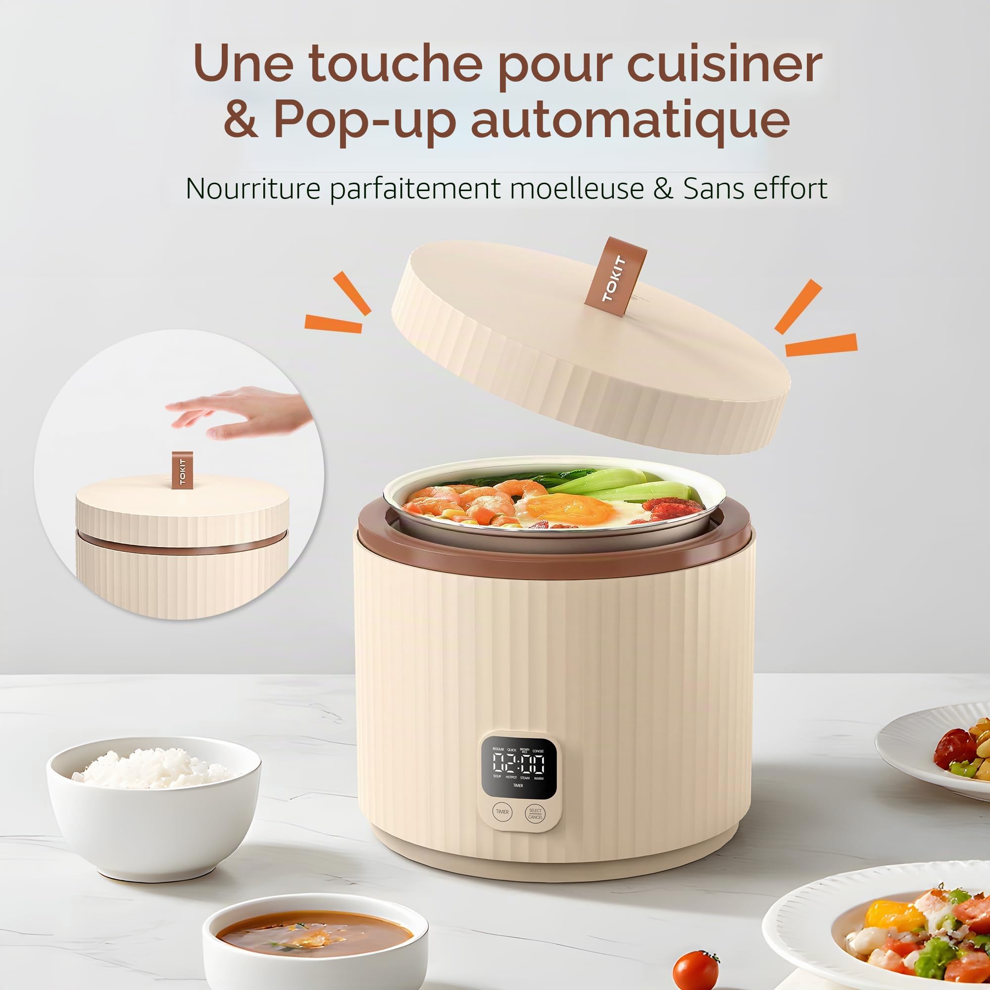 TOKIT Cuiseur à Riz 1,5L Mini Multifonctions pour 1-3 Personnes Marmite à Riz Intérieure Antiadhésive à Revêtement Céramique (Beige)