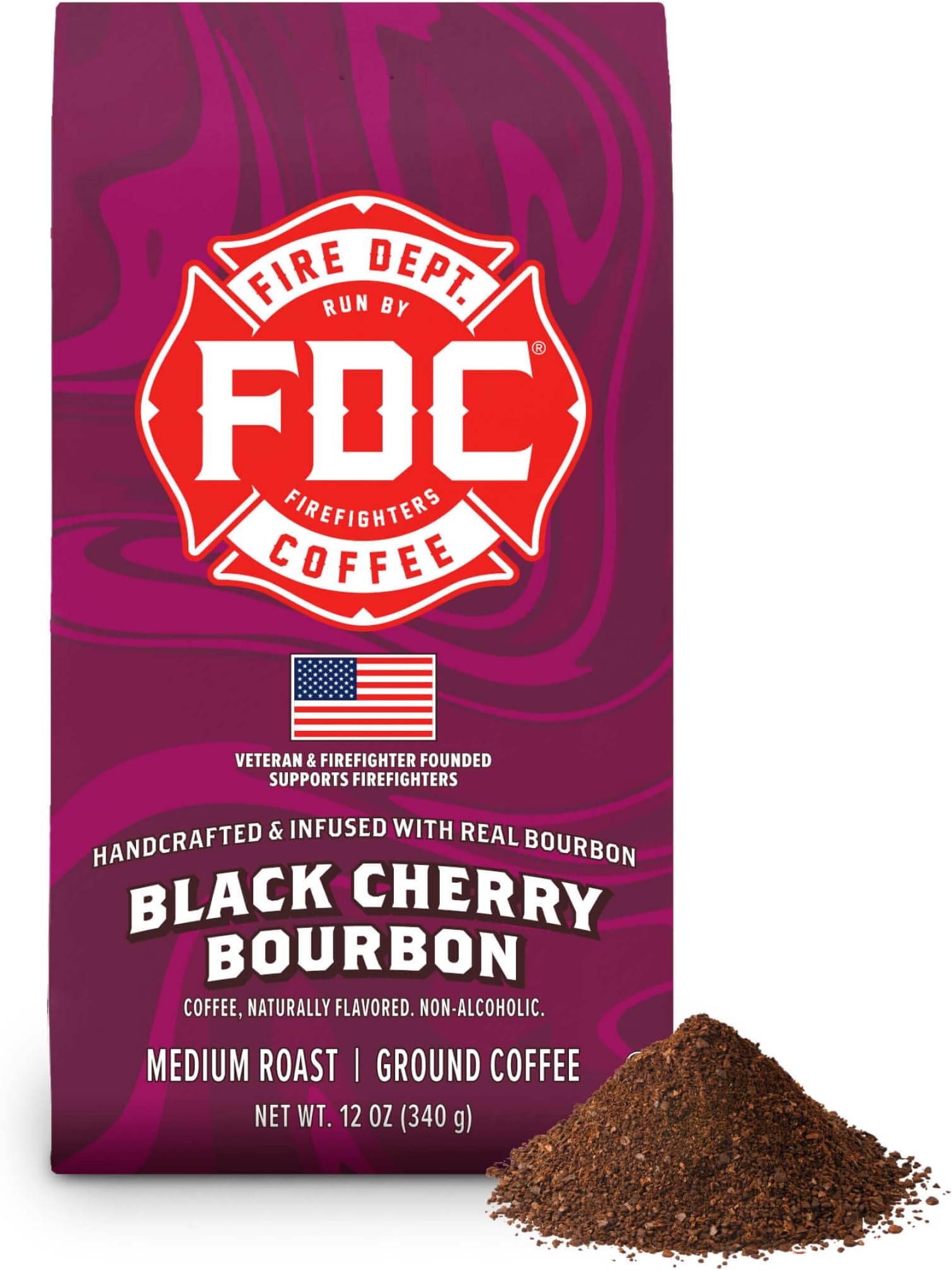 Fire Department Coffee Black Cherry Bourbon Infused Ground Coffee - 12 oz | Medium Roast - Non-Alcoholic - Gives Back to Firefighters - Roasted in the USA - Veteran Owned