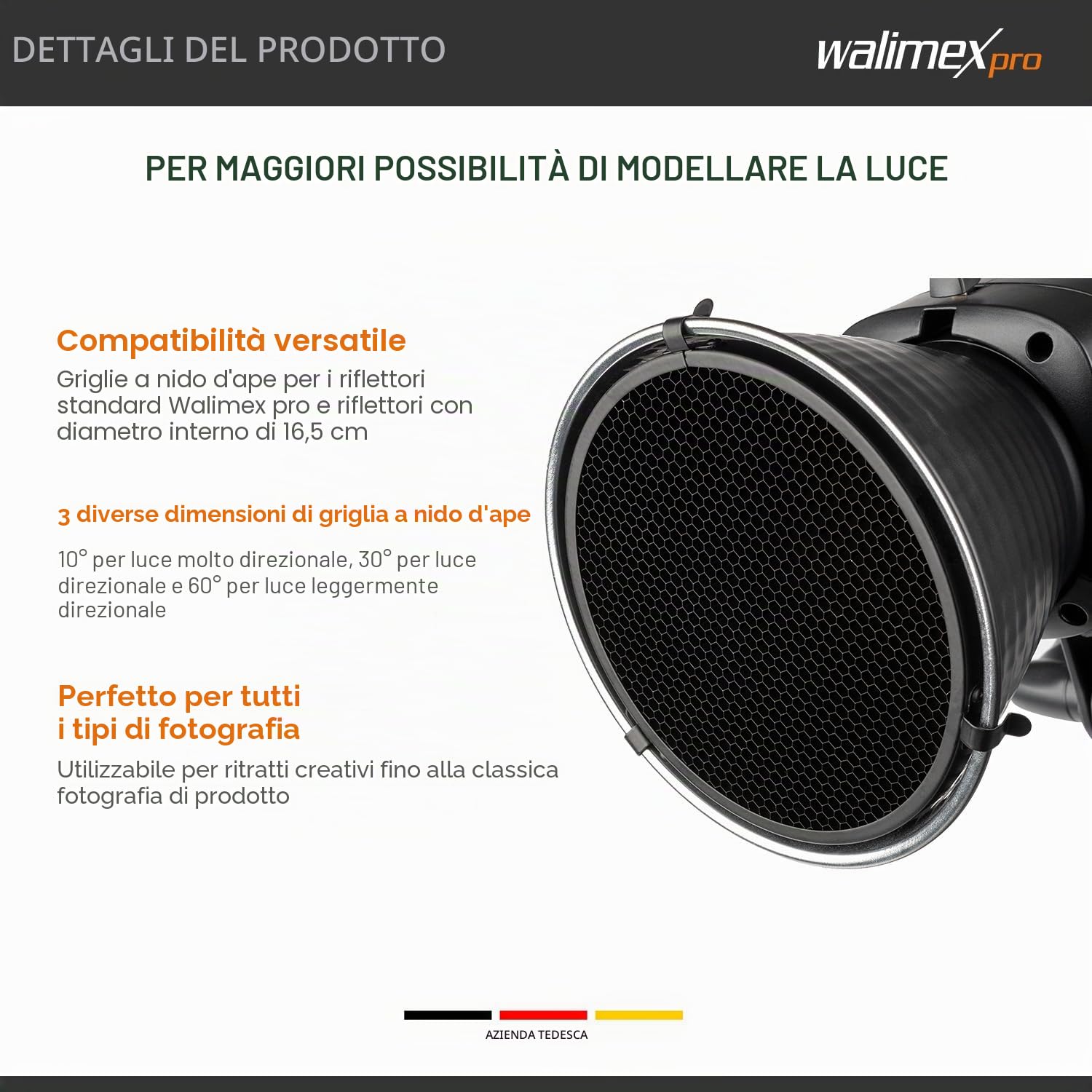 Walimex pro Set a nido d'ape per riflettori standard, set da 3 pezzi per luce direzionale