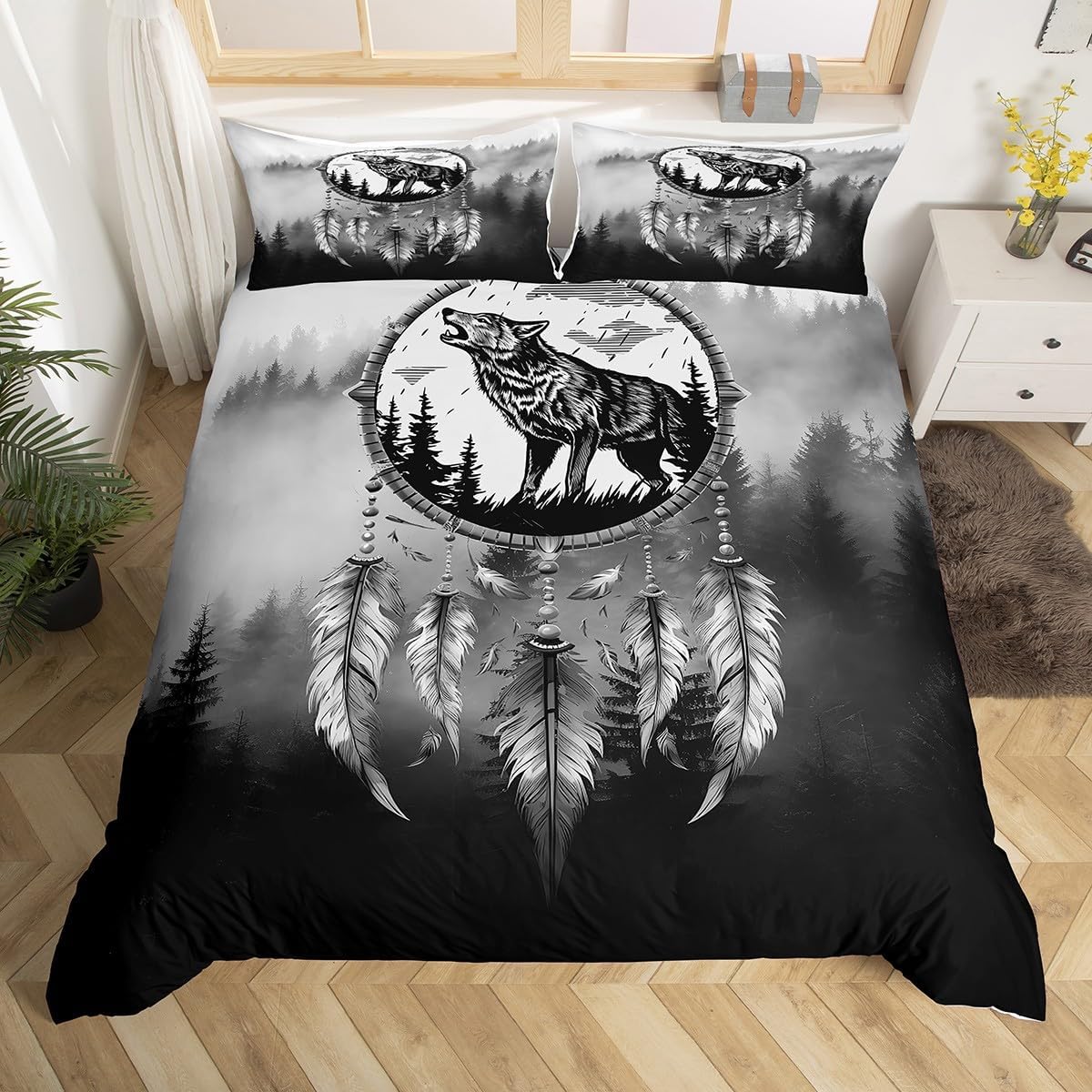 Feelyou Howling Wolf Comforter Cover Galaxy Wolf Bedding Set Northern Light Duvet Cover for Kids Boys Girls Starry Sky Aurora Wild Animal Microfiber Room Decor Bedclothes Full Size (No Comforter)