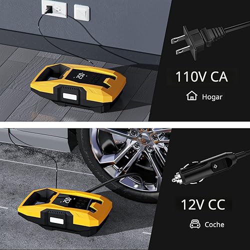 Miniatura 2 de CARSUN - Inflador de neumáticos CACC, compresor portátil, alimentación dual phogar 110 V CA , auto 12 V CC, manómetro, apagado automático,