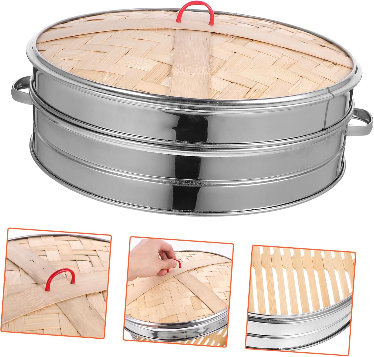 Zerodeko 1set Stainless Steel Multifunctional Steamer Bamboo Lid for Dumplings Buns and Dim Sum Double Ear Design Kitchen Gadget for Healthy Cooking