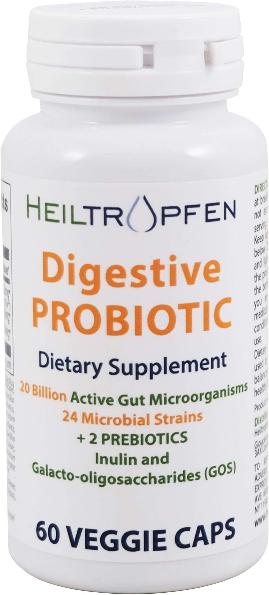 Heiltropfen Digestive Probiotic + Prebiotic | 24 Strains | 20 Billion CFU | 60 Capsules | Active Gut | Inulin and GOS | Dietary Supplement | Third-Party Tested