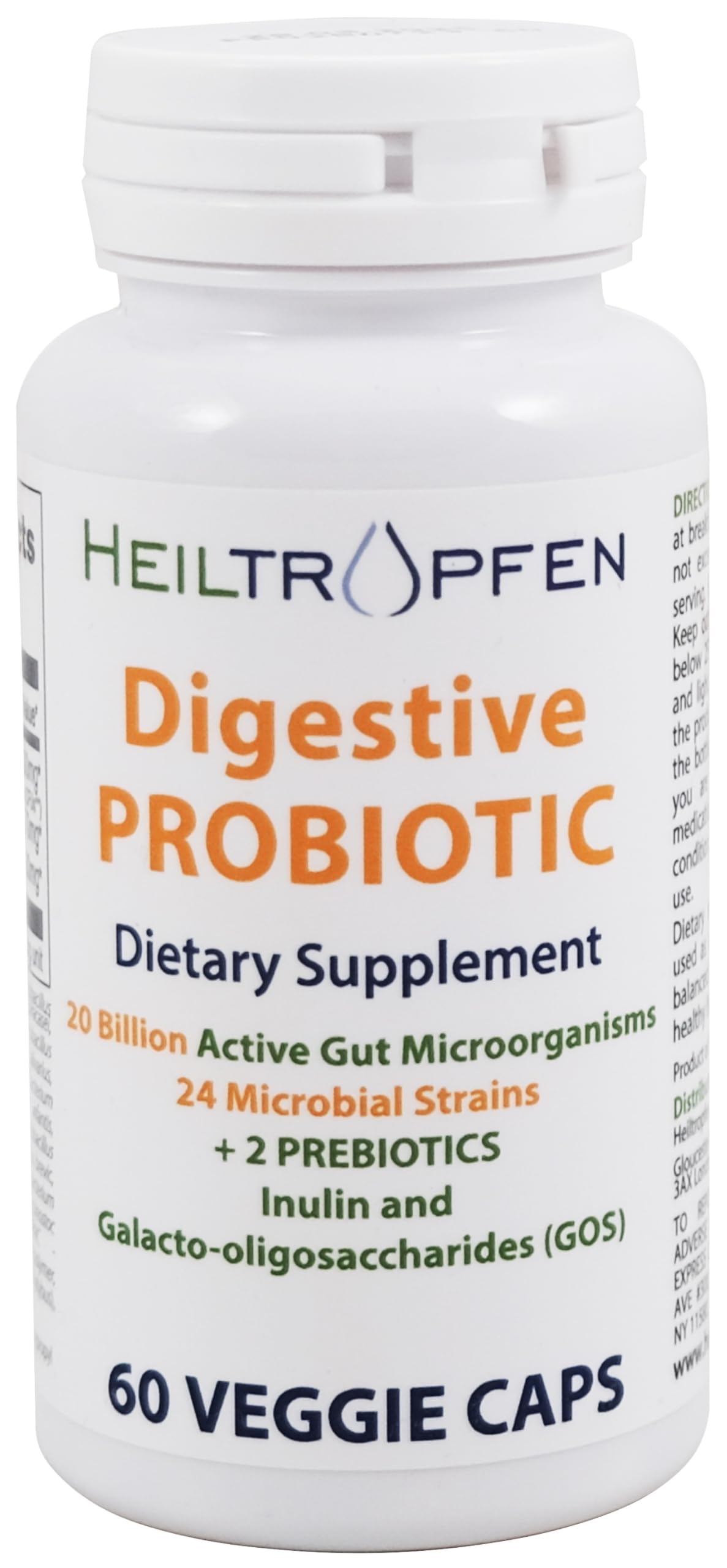 Heiltropfen Digestive Probiotic + Prebiotic | 24 Strains | 20 Billion CFU | 60 Capsules | Active Gut | Inulin and GOS | Dietary Supplement