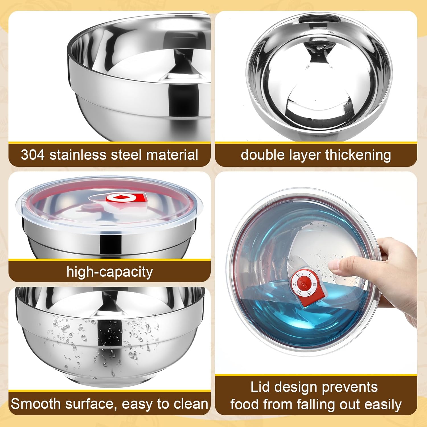 Honeydak 8 Pcs 19 oz Stainless Steel Bowls with Lids Large Mixing Bowls Insulated Metal Salad Noodle Soup Snack Leak Proof Food Storage Container with Airtight Lids - Image 4