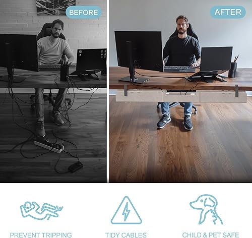 Miniatura 6 de Bandeja de organización de cables debajo del escritorio de 47.2 pulgadas, organizador de cables de fieltro sin taladrar con abrazadera o montaje de