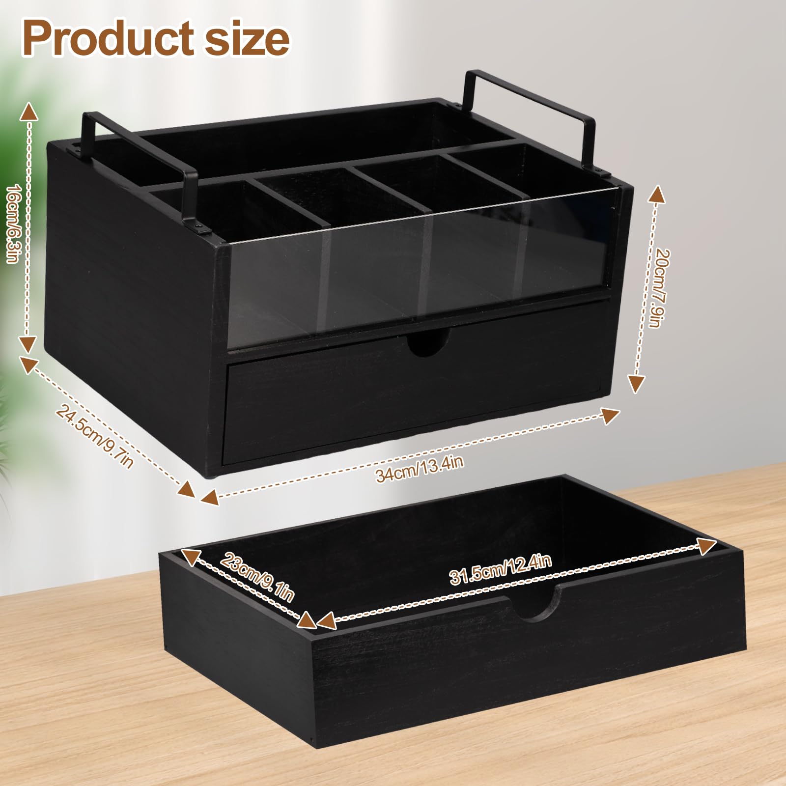 Organizador de Café y Té, Organizador de Barra de Café con 5 Compartimentos y 1 Cajón dispensador capsulas, Caja de Madera para Accesorios de Cafetera, Estación de Cafe de Escritorio (Negro)