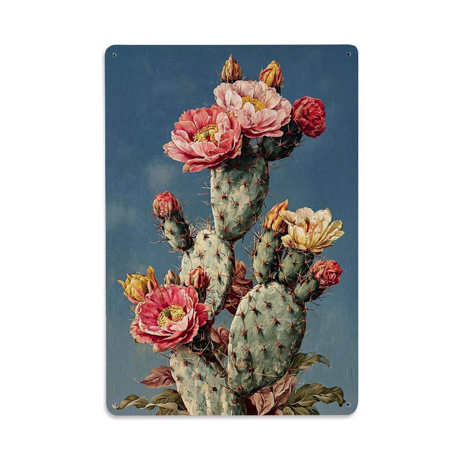 Blooming Cactus Floral Pattern Print Retro Metal Tin Sign, Vintage Metal Poster for Bar, Home, Man Cave, Kitchen, Laundry Room Art Decor 8x12 Inch