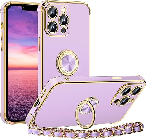 Miss Arts Funda para iPhone 13 Pro Max, funda con soporte de anillo de lujo galvanizado con correa, bonita funda de TPU suave para iPhone 13 Pro Max