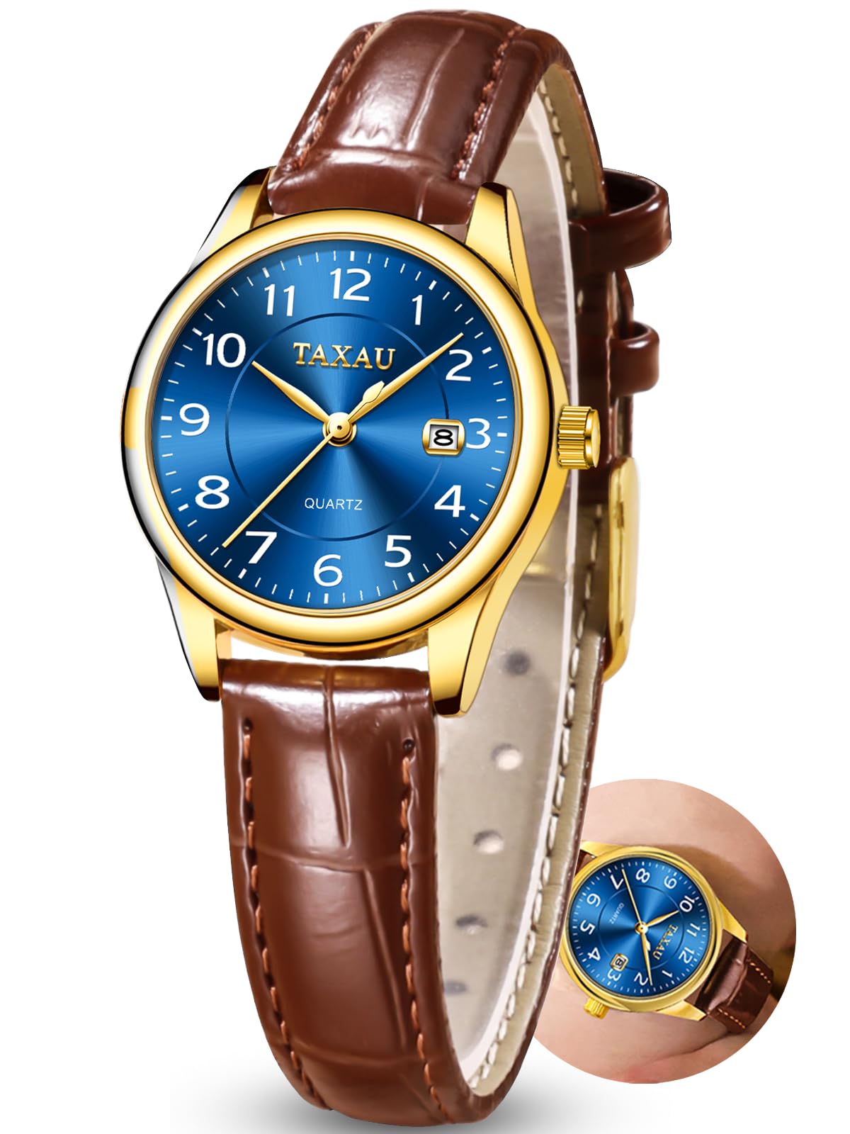 Taxau Damenuhr Lederarmband Analog Quarz–Elegante Armbanduhr Damen mit Datumsanzeige, Kleine 28mm Damen Uhr, 3Bar Wasserdicht,Klassisches Design Geschenke für Frauen