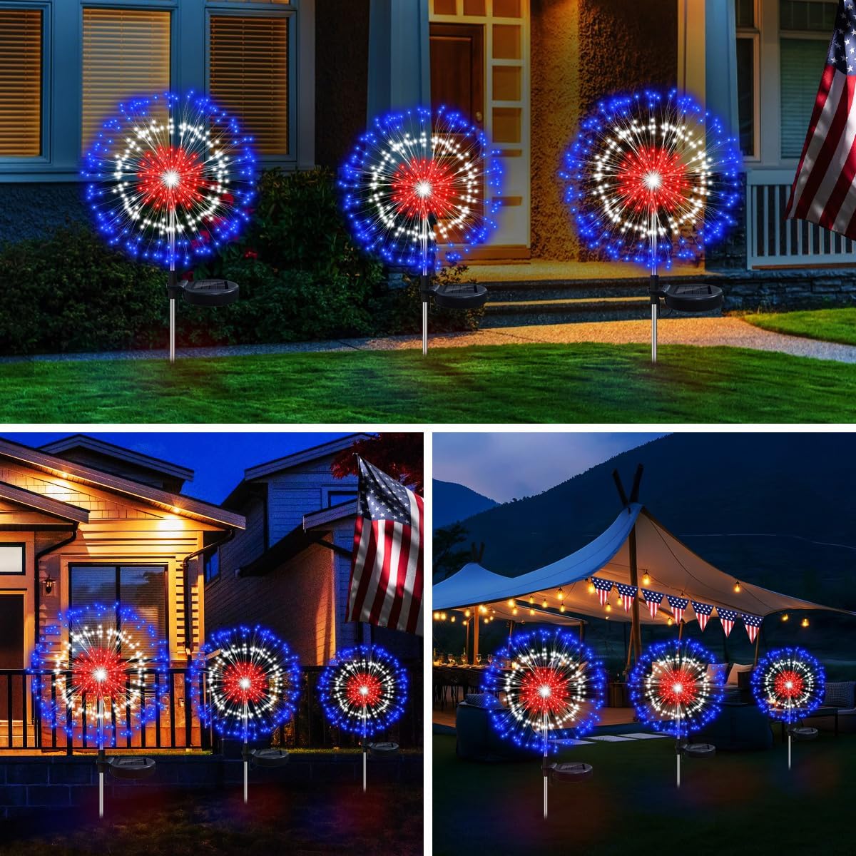 4th of July Decorations Solar Firework Lights, 2 Pack 186 LED Red White and Blue Lights with 8 Lighting Modes，Solar Garden Stake Lights for Outdoor Yard Pathway Patio Party Lawn Patriotic Decor