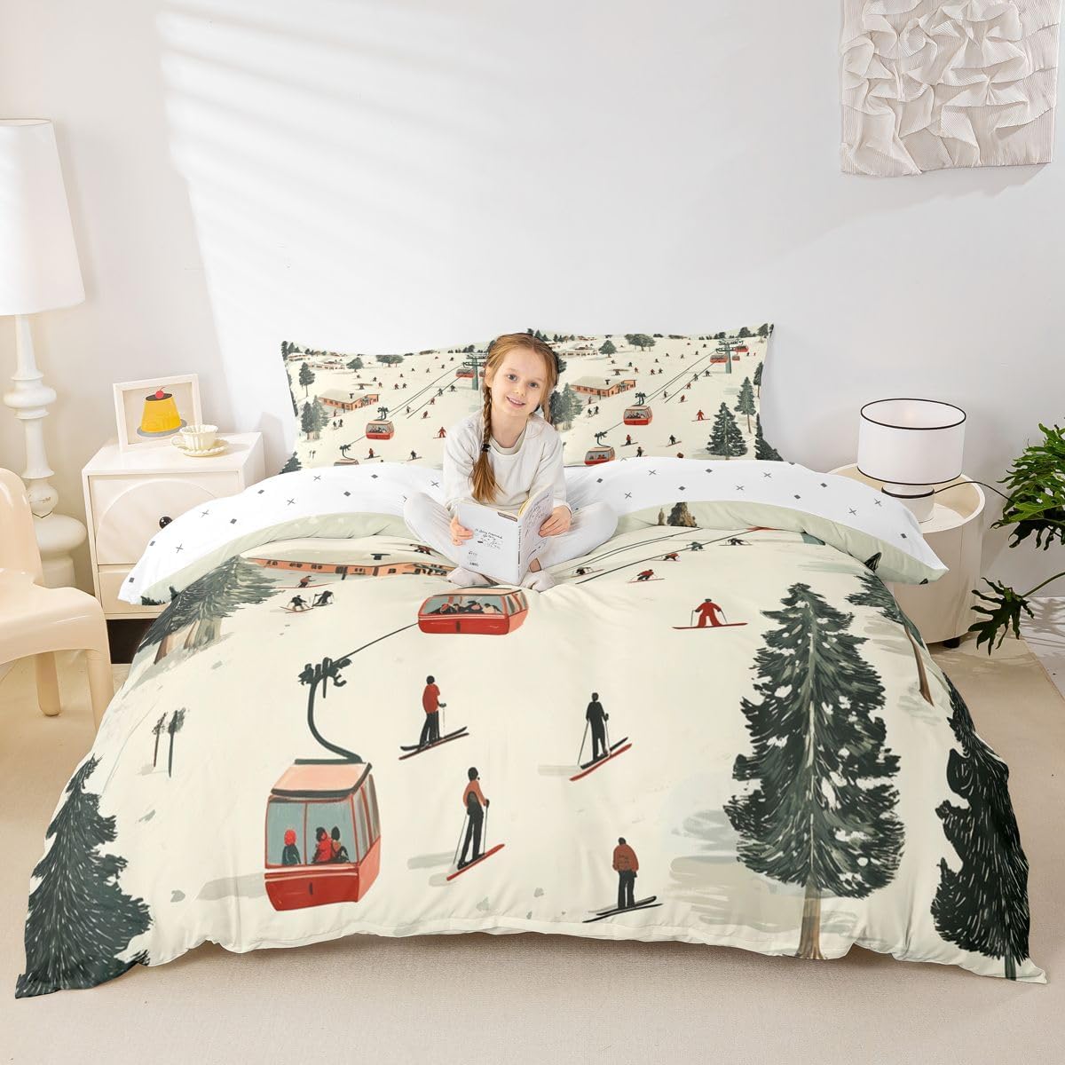 Castle Fairy Skiing Duvet Cover Queen Size 3 Pcs,Cartoon Cable Car Green Pine Trees Bedding Set for Kids Teens Adults,Winter Sports Ski Skis Comforter Cover with 2 Pillowcases,No Comforter
