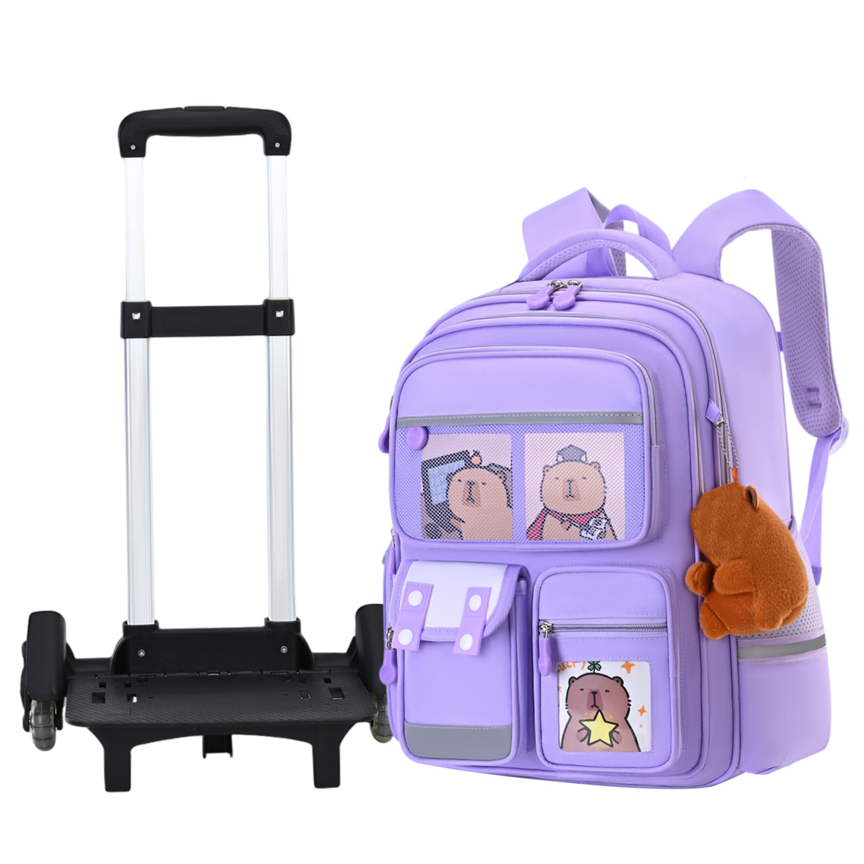 Zaino Trolley con Ruote Zaino Capibara di Capacità con Scomparti Multipli Borsa da Scuola con Stampa Simpatico Cartone Animato Cinghia Riflettente Maniglia Retrattile per Ragazzi Ragazze, Viol