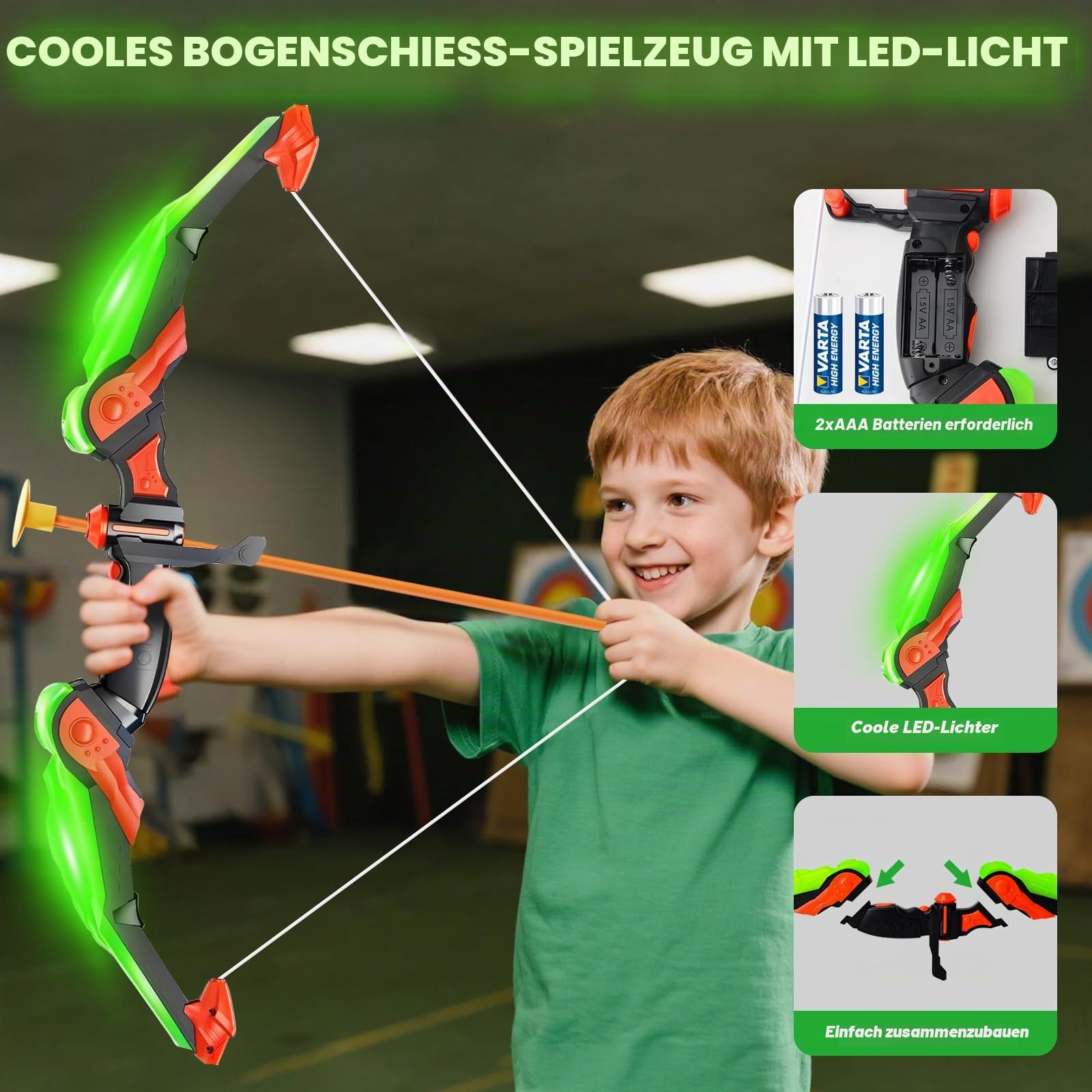 Pfeil und Bogen Kinder Set, Beleuchtetes Bogenschießen Spielset mit Bogen, Köcher, 10 Saugnapfpfeilen und Zielen, Outdoor Spiele für Kinder, Geschenk für Jungen und Mädchen ab 6 7 8 9 10 11 Jahren