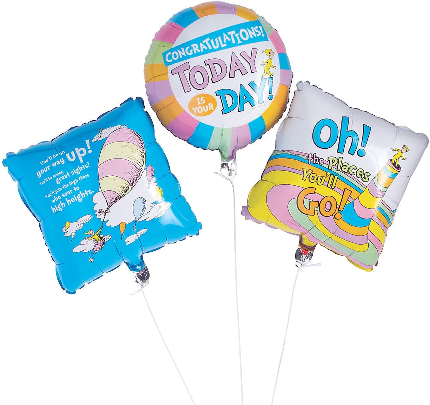 Fun Express Oh The Places You'll Go Graduation Balloons - 18" Mylar Foil Balloon Bouquet Set | Dr Seuss Party Decorations & Supplies for Kindergarten, Preschool Graduation Celebrations | 3 Pack