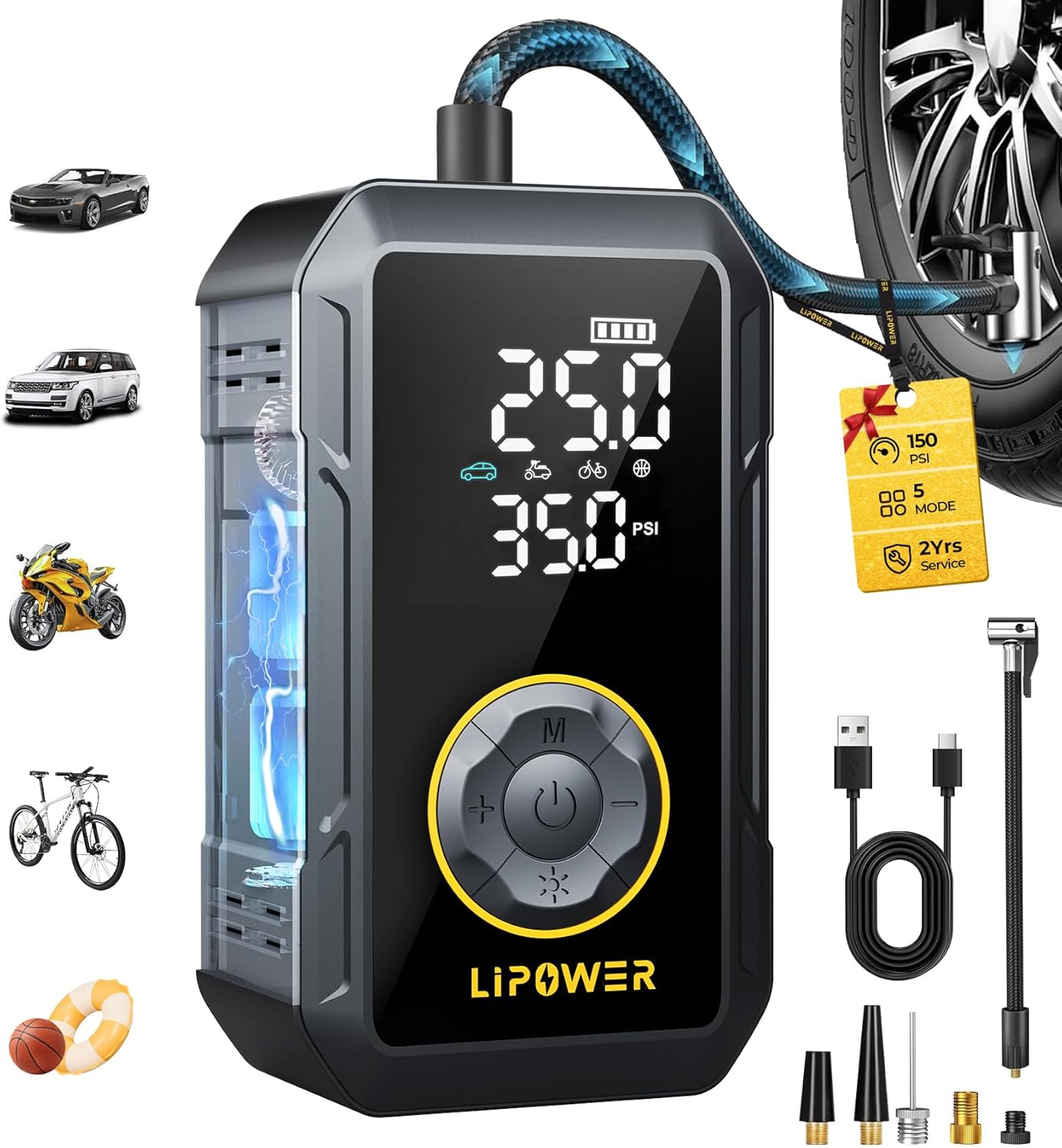 Lipower Tire Inflator Portable Air Compressor, 150PSI Air Pump for Car Tires with 4000mAh Portable Battery Pack, Digital Pressure Gauge, Auto Shut-off for Car, Motorcycle, Bike Tires