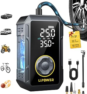 Lipower Tire Inflator Portable Air Compressor for Car, Bikes, Motorcycle | 150PSI Cordless Air Pump,Digital Pressure Gauge,Auto Shut-Off Tire Pump,USB Rechargeable 4000mAh Power Bank,Fast Inflation