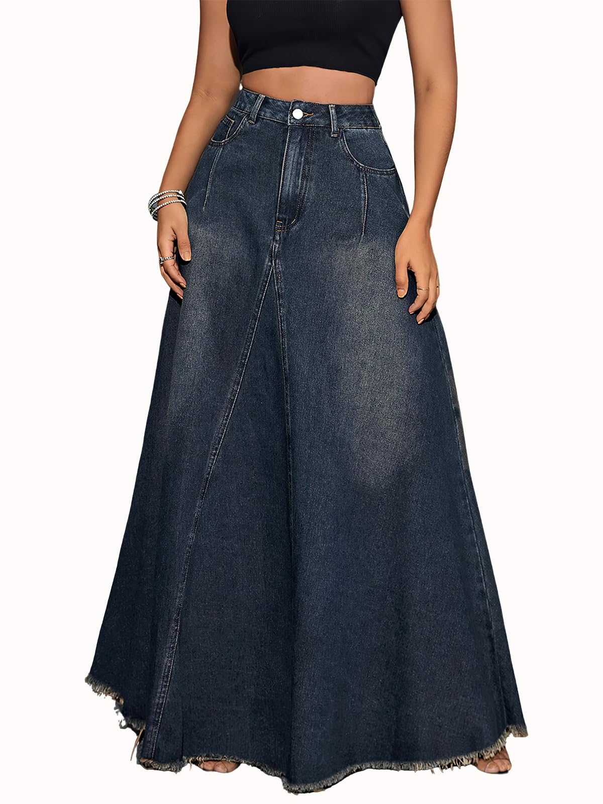 ebossy Womens Retro Distressed High Waist Frayed Hem A Line Wash Maxi Long Denim Skirt with Pockets