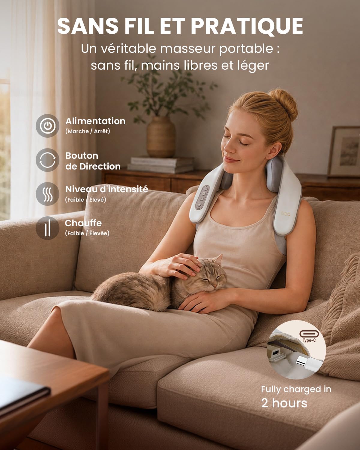 Breo N5 Mini masseur de cou avec chaleur, coussin de massage électrique pour le cou et les épaules, relaxation musculaire, pétrissage shiatsu pour soulager la douleur des tissus profonds à la maison