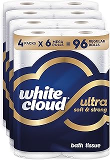 White Cloud Ultra Soft & Strong Toilet Paper, 4 packs of 6 Mega Rolls = 96 Regular Rolls