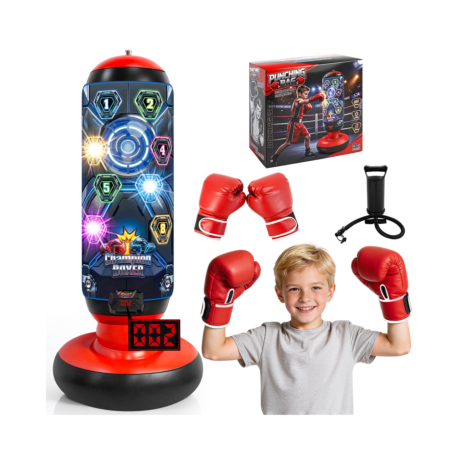 OMKSIH 2026 Upgraded Punching Bag for Kids, Inflatable Boxing Set with Scoring, Light, Music, 4 Game Modes, Kids Punching Bag with Gloves, Birthday Gifts for Boys Girls Practicing Karate Taekwondo