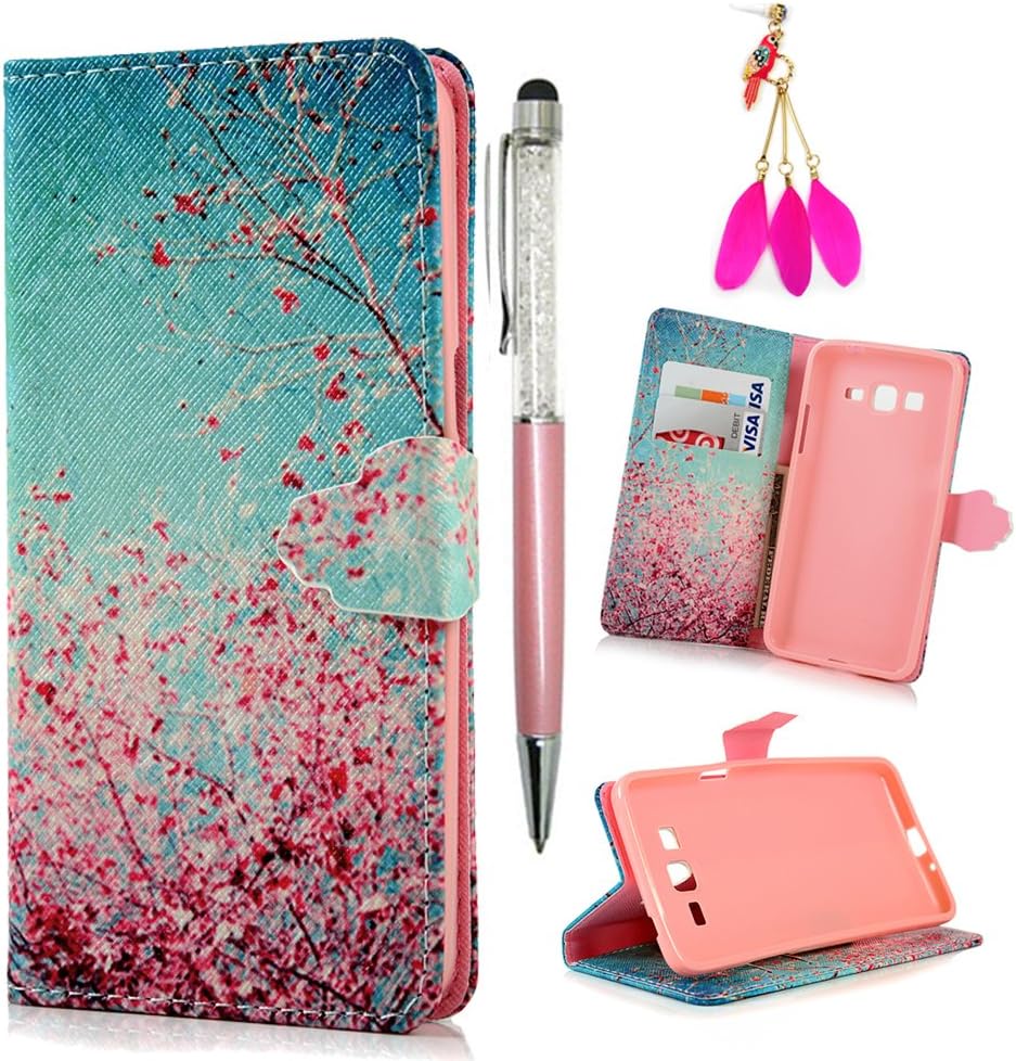 MOLLYCOOCLE Galaxy Grand Prime Case [Pink Cherry Blossoms] Stand Wallet Purse Credit Card ID Holders TPU Soft Bumper Premium PU Leather Ultra Slim Fit Cover for Samsung Galaxy Grand Prime G5308/G530H