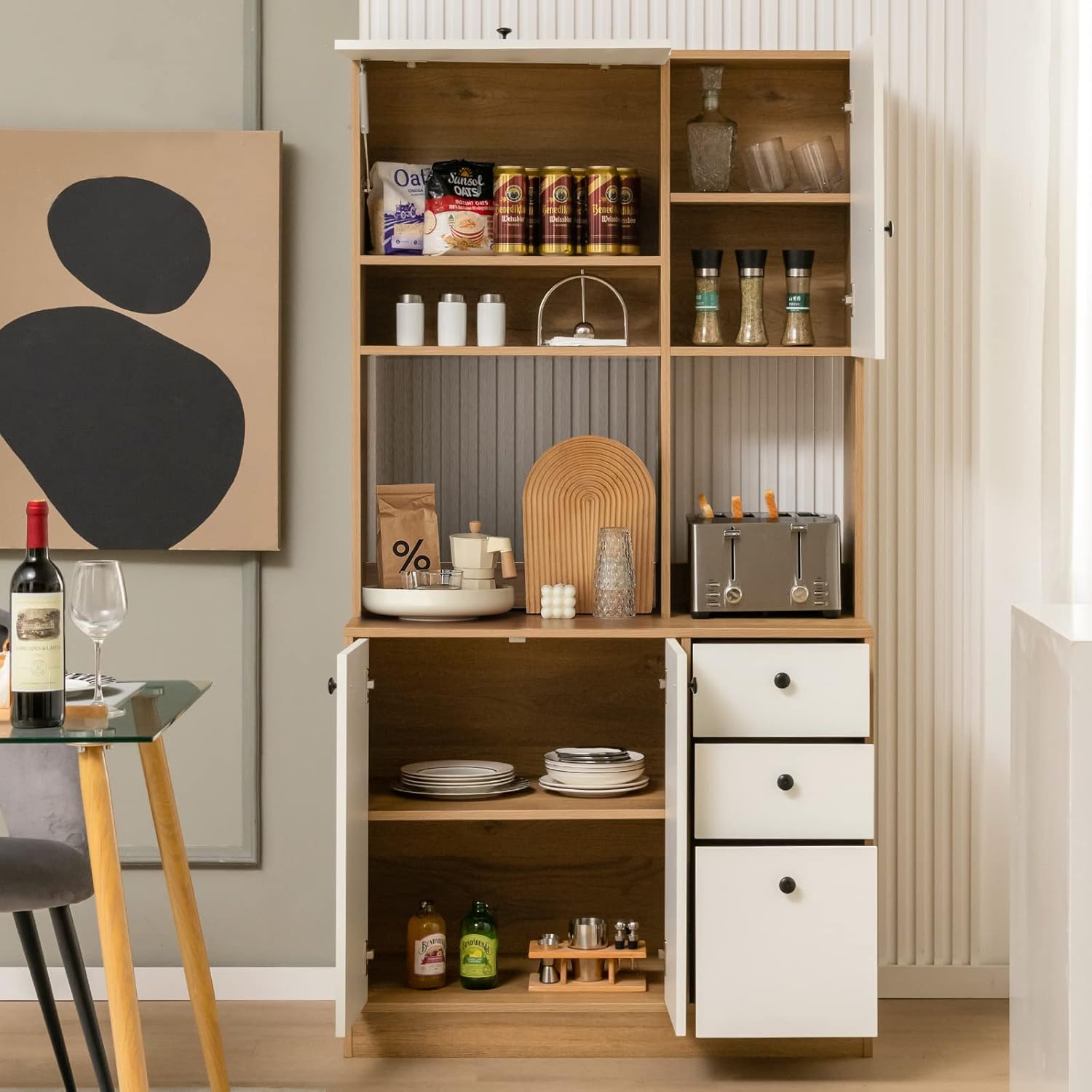 Freestanding Kitchen Buffet with Hutch, Kitchen Pantry Storage Cabinet w/ 2 Adjustable Shelves, 3 Deep Drawers & 4 Doors, Buffet Hutch Cupboard for Living Room, Dining Room, White & Natural (White)