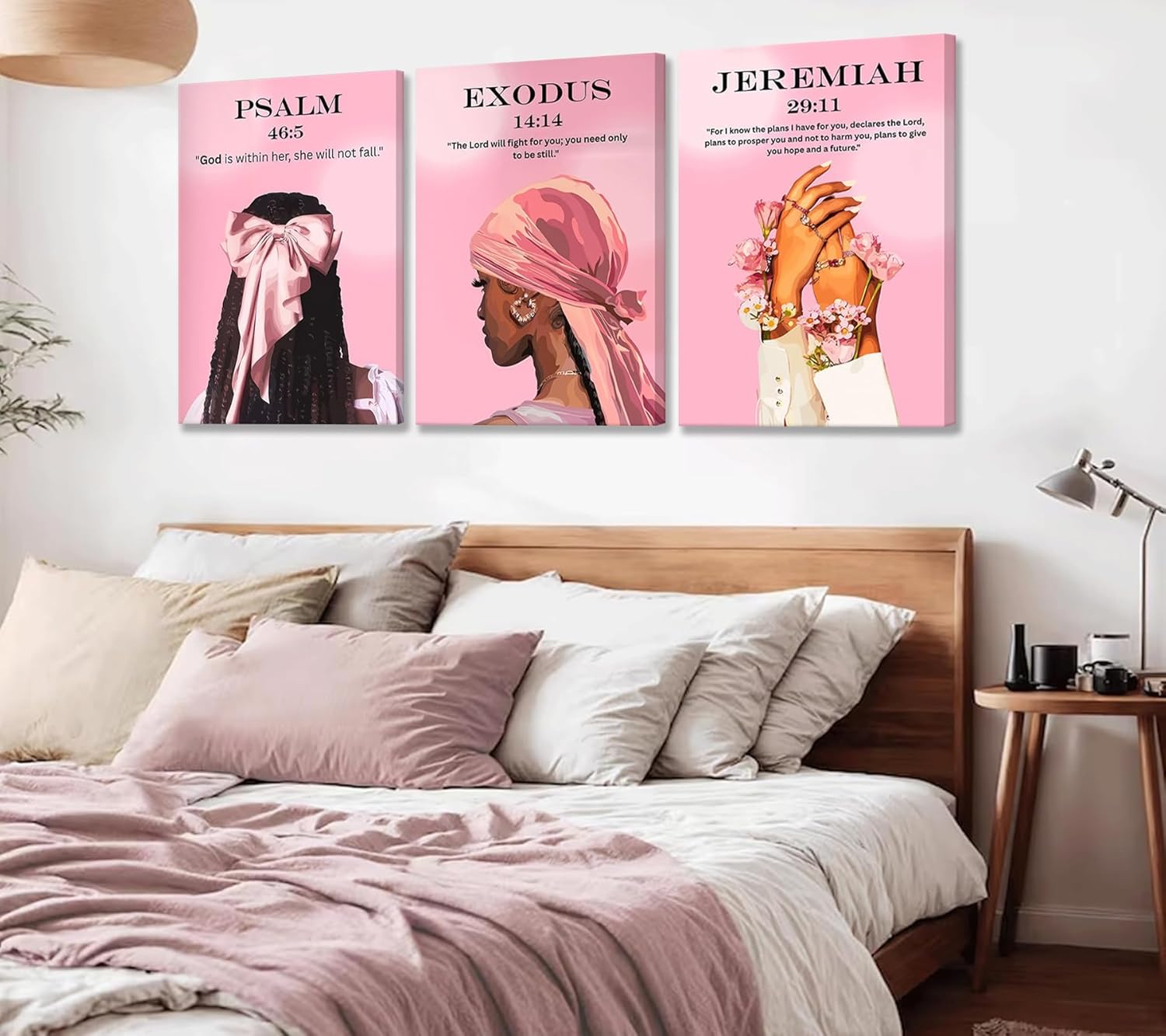 3Pcs Christian Trendy Black Girl Canvas Wall Art Pink Bible Verse Posters Print Artwork African American Woman Painting Pictures Wall Decor for Girls Room Bedroom Home Decoration 12×16in Framed
