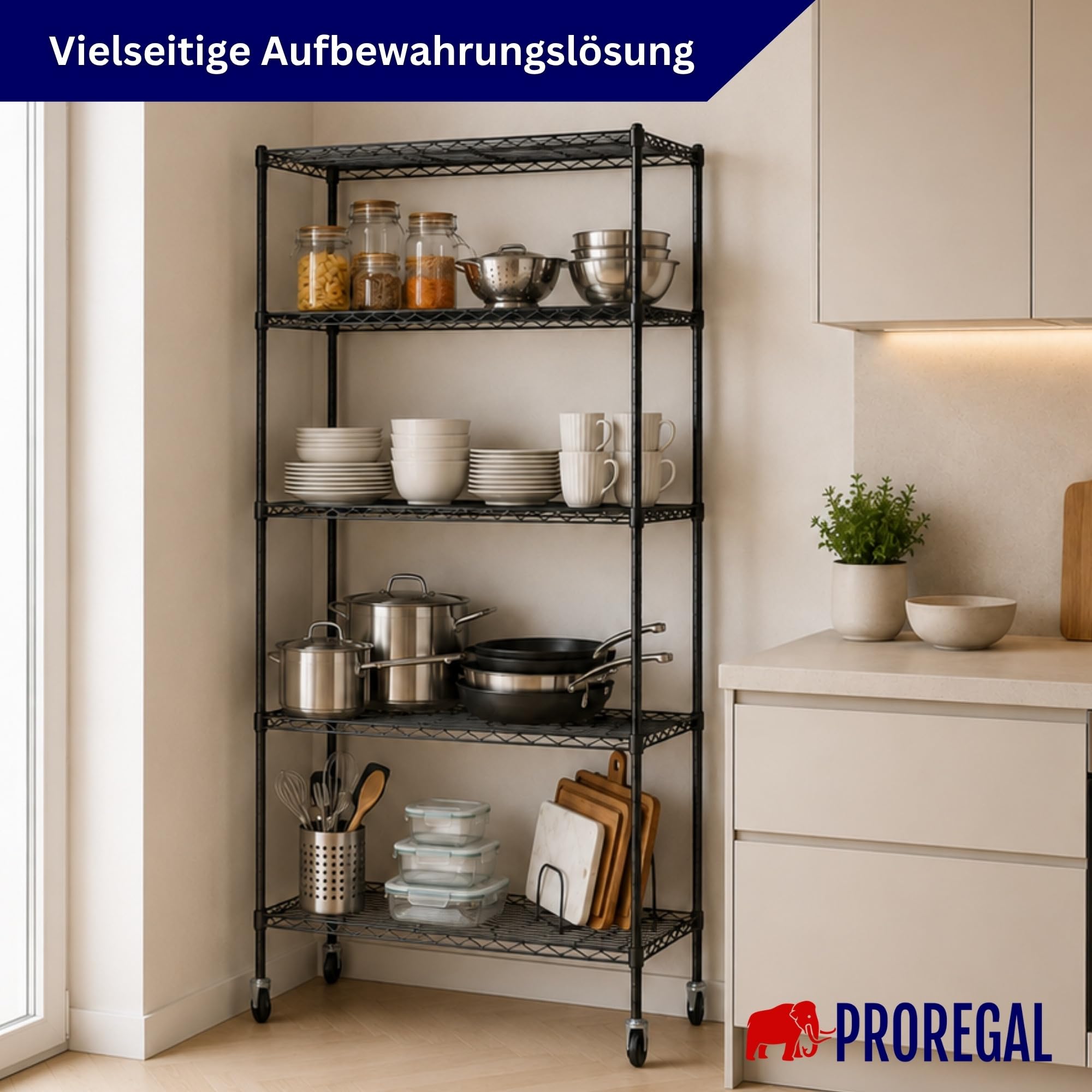 PROREGAL Mega Deal 5 scaffalature in filo metallico HADES con ruote e 5 ripiani in filo metallico HxLxP 180x90x40 cm, portata per ripiano 75 kg Scaffalatura in filo metallico nero
