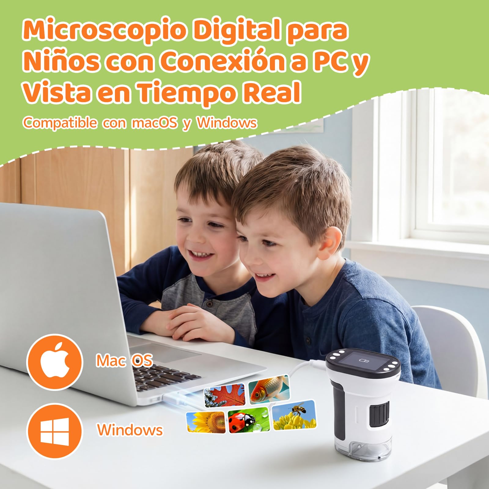 200x-1000x Microscopio para Niños, Pantalla IPS de 2 Pulgadas, con Trípode Mini y Tarjeta Micro SD 16GB, Juguetes Regalo Niños 4-12 Años