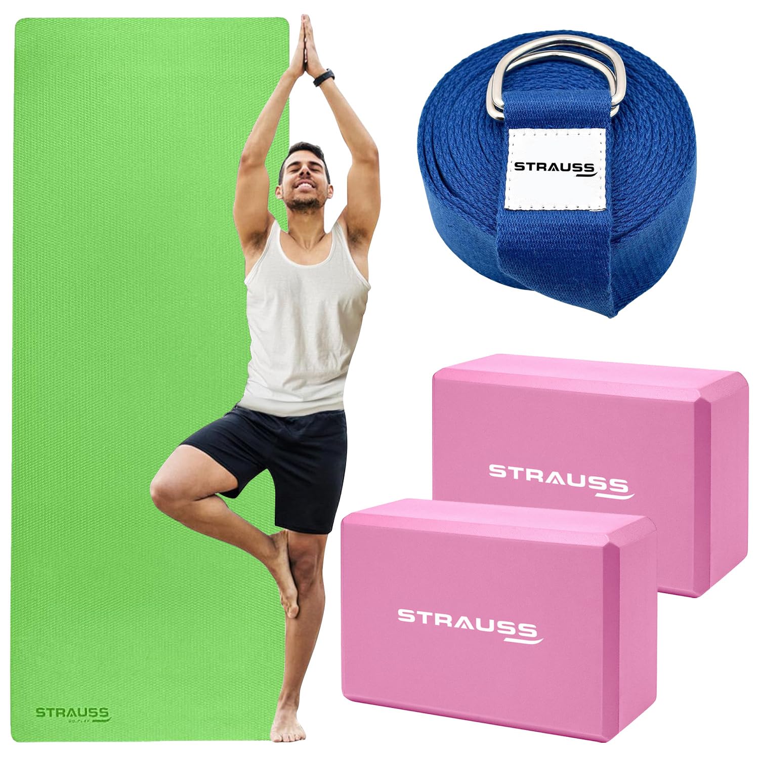 STRAUSS Yoga Starter Kit (1 Yoga Mat, 2 Yoga Blocks, 1 Yoga Belt) | Green EVA Yoga Mat (6mm), 2 EVA Foam Pink Yoga Blocks, Blue Yoga Belt | Ideal for Yoga & Training