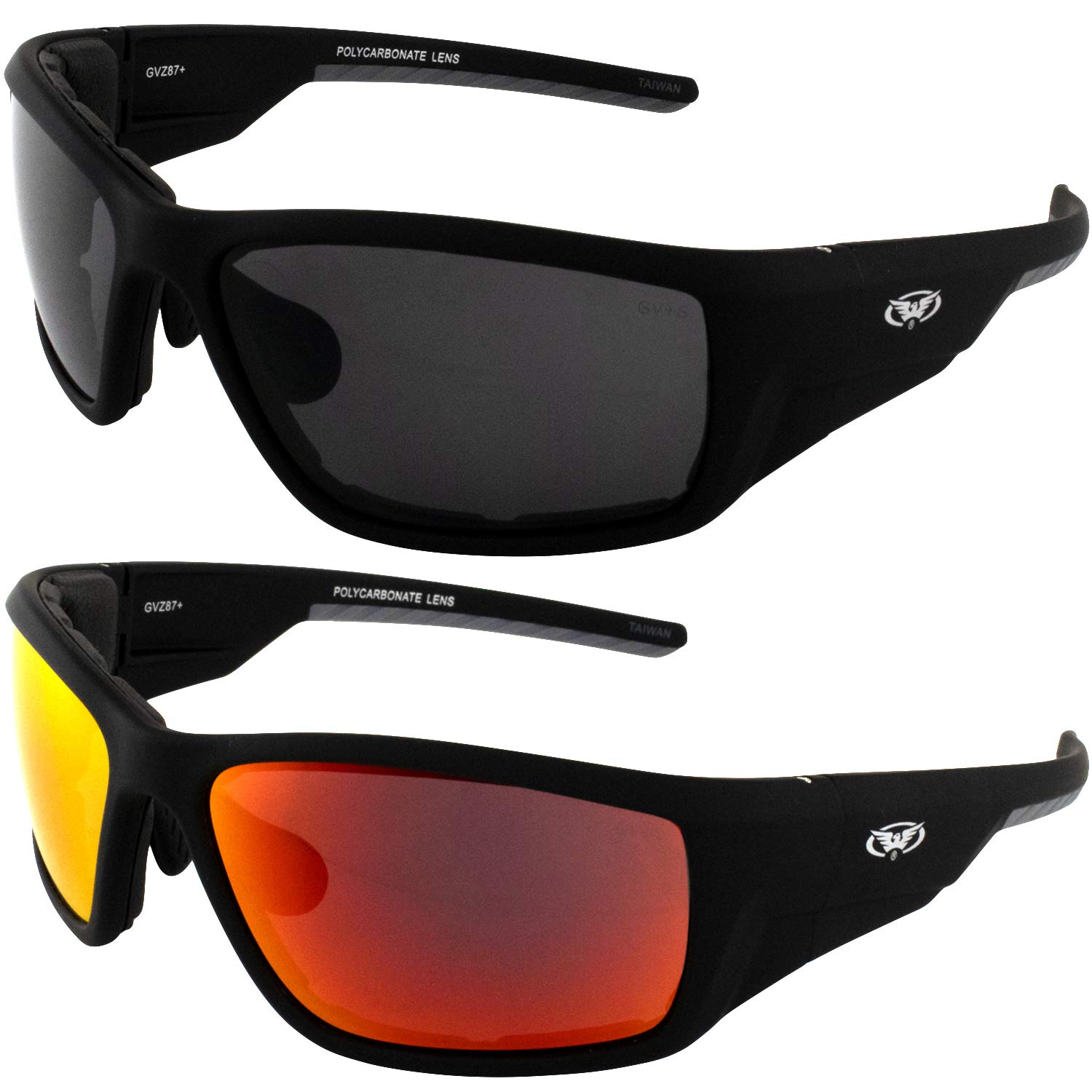 Global Vision Eyewear Kinetic Foam Padded Motorcycle Safety Sunglasses 2 Pair Soft Touch Black Frames Smoke & G-Tech Red Mirror Lenses