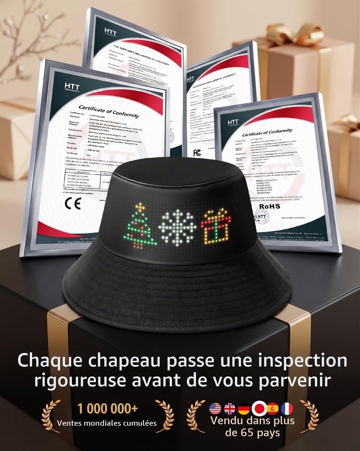 Bob LED Lumineux Bucket Hat Programmable Via App, Chapeau Bluetooth avec Écran à Défilement de Texte, Style Cyberpunk Tenue de Festival Rave pour Homme Femme, USB-C Noir
