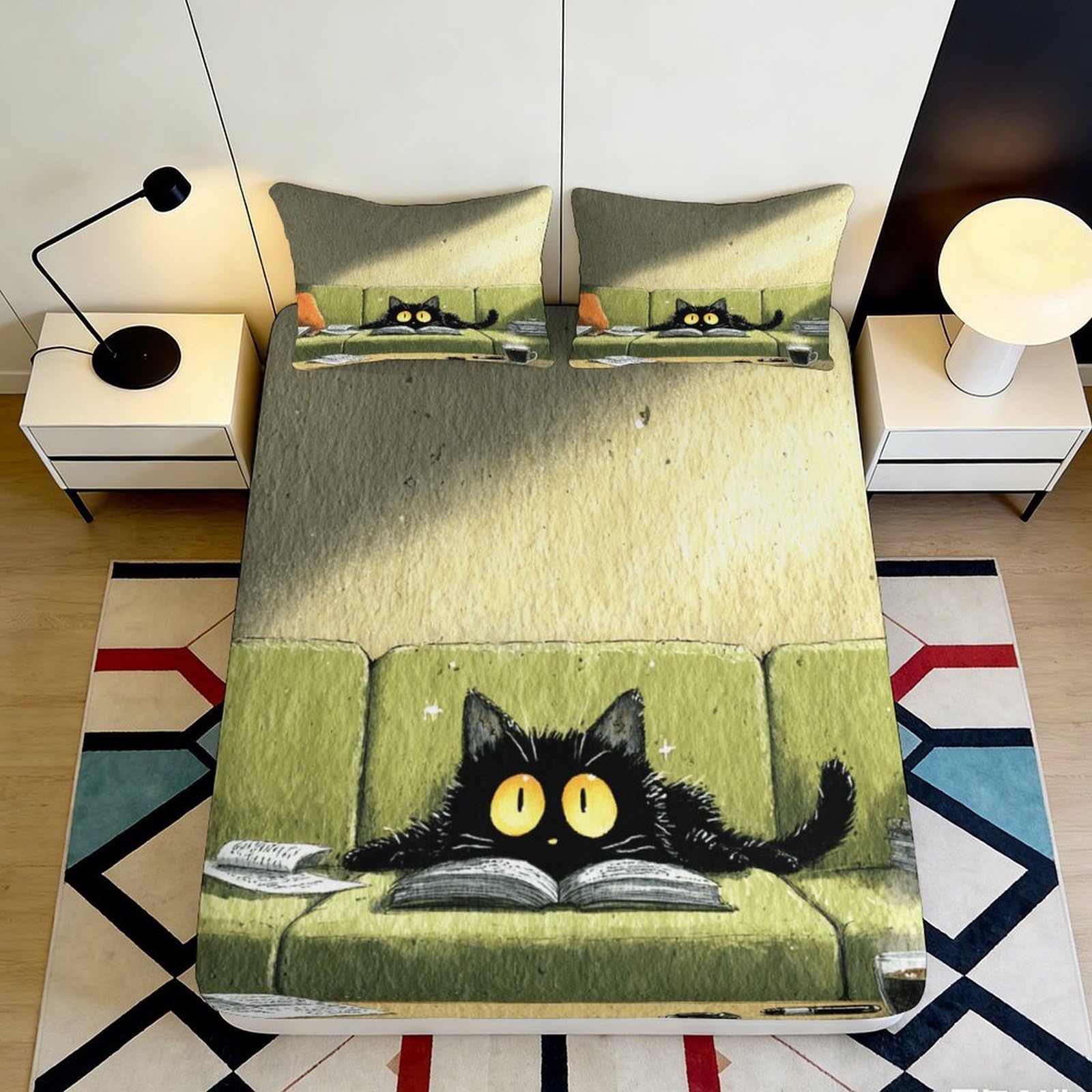 Pnayamiorkfel Style-8 3D Printed Black Cat Reading Fitted Sheet Microfiber Soft Decorative Cartoon Sofa Bed Cover For Bedroom Dorm 90X200x25cm