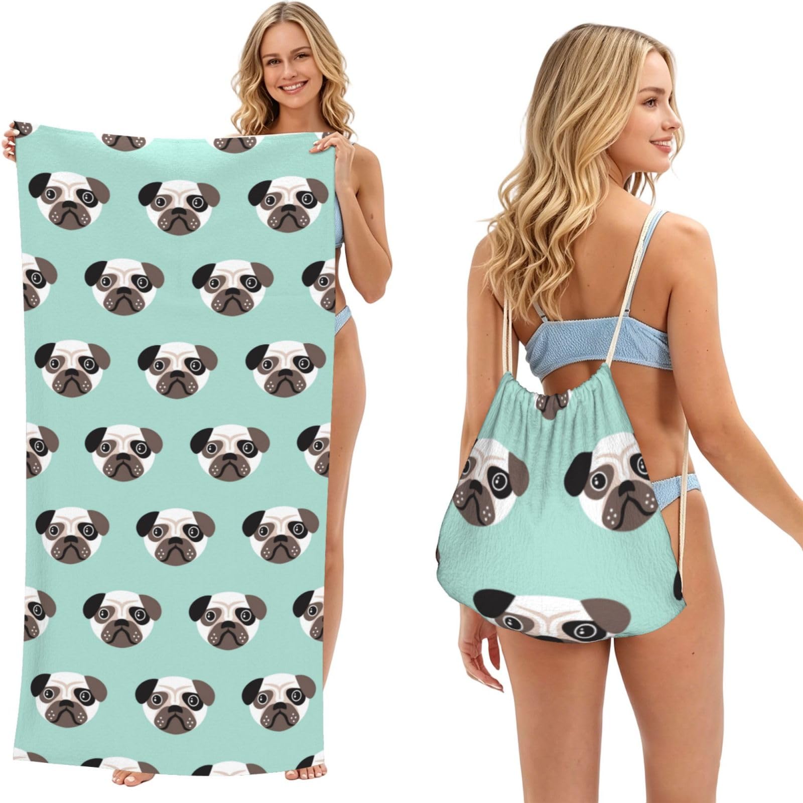 Poadnly As Picture Pug Blue Puppy Illustration Kids Pattern, 2 In 1 Packable Towel Bag, Beach Towels With Drawstring Backpack For Travel Holiday Camping